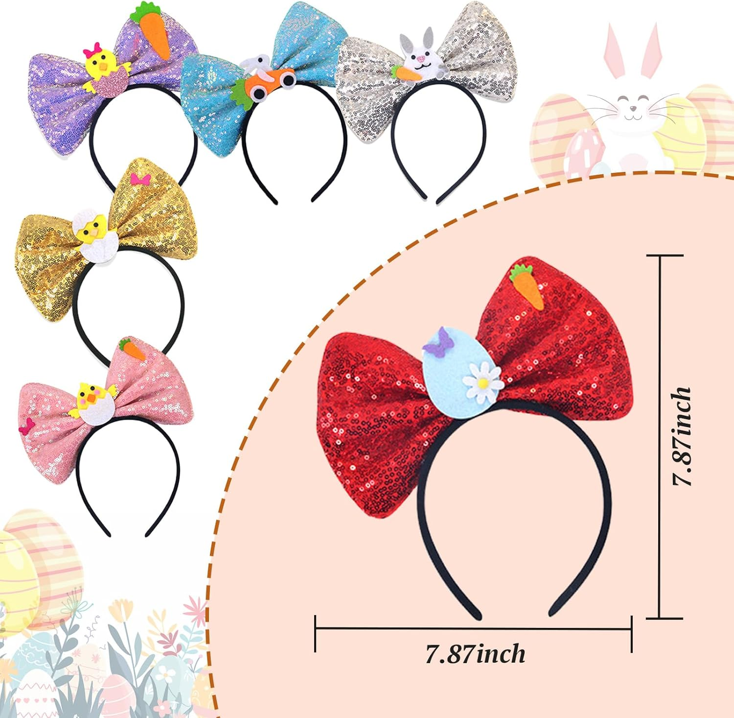 Danolt Pack of 3 Easter Bunny Ears Headband, Rabbit Ears Headband for Women, Girls, Children image number 5