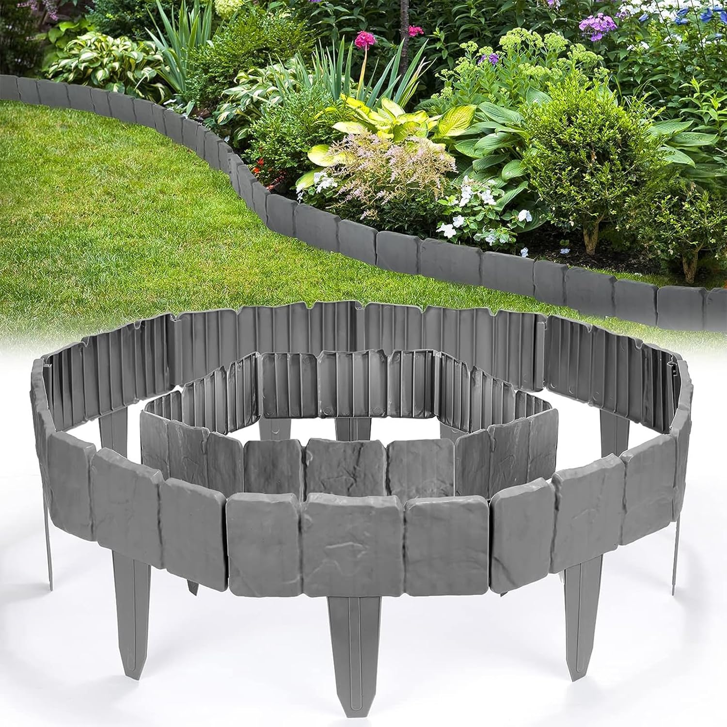 Grey Cobbled Stone Effect Garden Lawn Edging Plant Border, Grey Stone Effect Lawn Edging,Simply Hammer 20 Pack image number 4