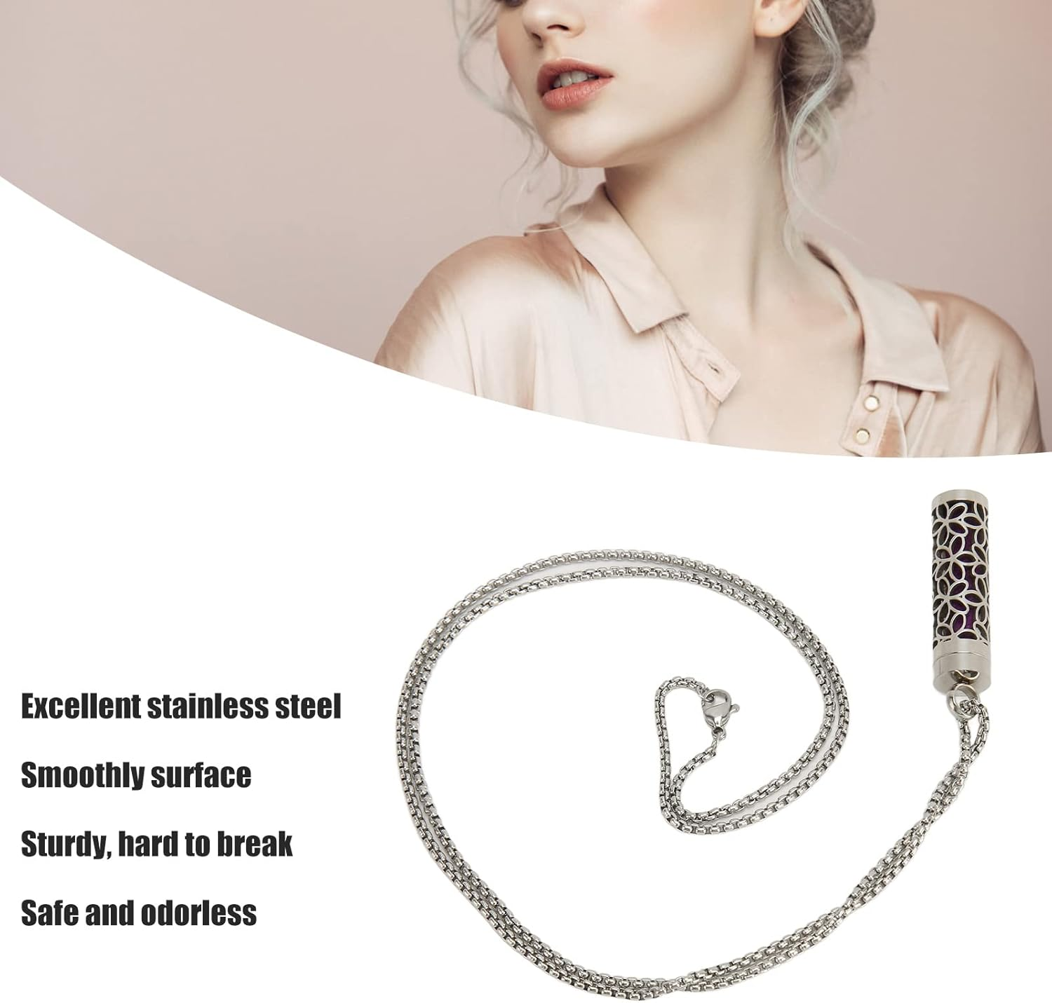 Essential Oil Diffuser Necklace, Stainless Steel Essential Oil Pendant Necklace Hollow Design for Indoor Outdoor image number 4