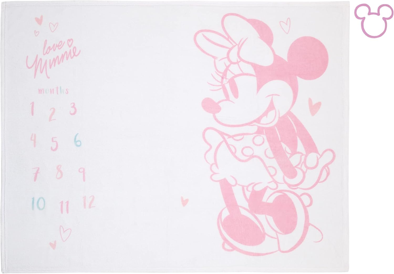 Disney Minnie Mouse White, Pink, and Aqua Super Soft Milestone Baby Blanket
