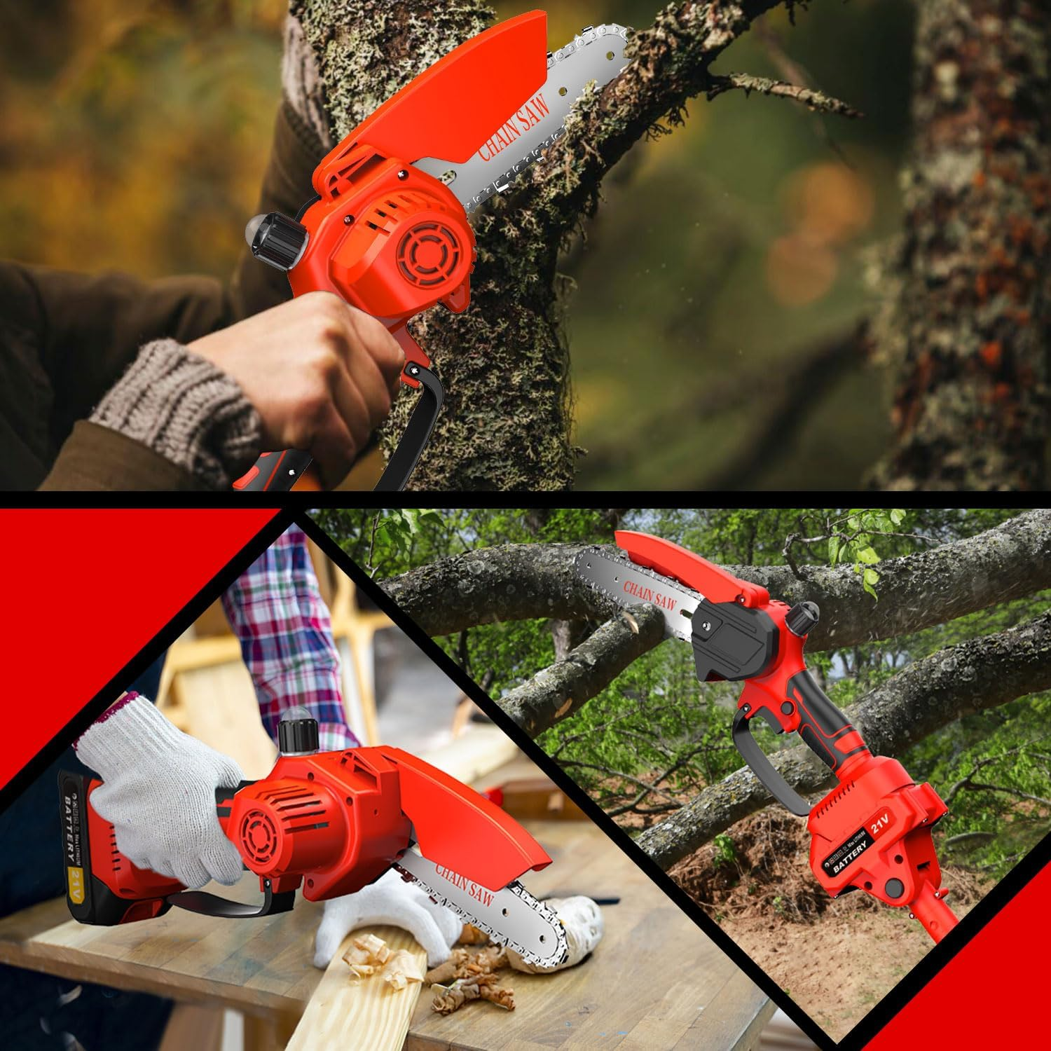 Lmozim 2-In-1 Cordless Pole Chainsaw & Mini Handheld Chainsaw, 21V 8 Inch Electric Poles Pruner, Extension Rod up to 153Cm, 2 Replaceable Chains Tree Pruning Pole for Garden Yard Red 4000Mah Battery image number 5
