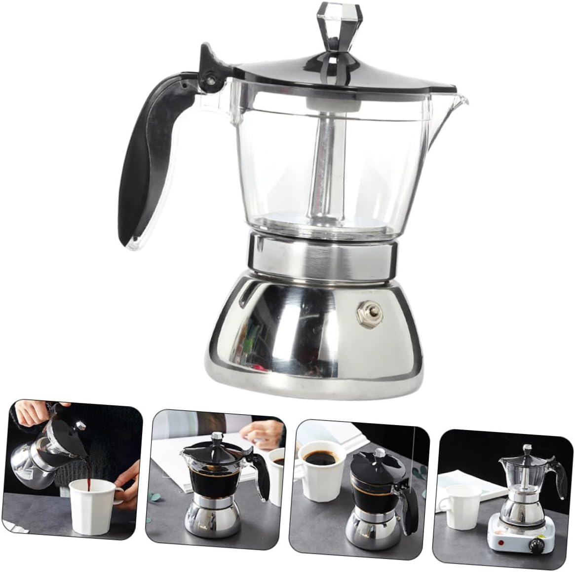 JECOMPRIS Transparent Cup Stainless Steel Coffee Pot for Hand Brewing Espresso Ergonomic Non Scald Handle Home and Office Pot with Premium Craftsmanship and Hot Lid Design image number 5