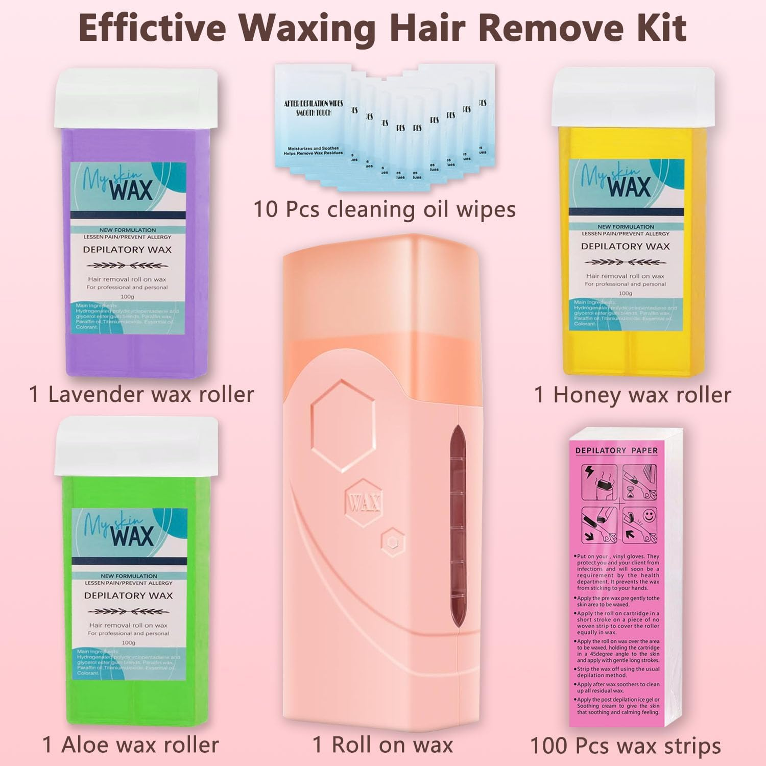 Roll on Wax Kit, Roller Wax Kit for Coarse/Fine Hair Removal for Women, Quick and Skin-Friendly Beginners Waxing Roller with 3 Pcs 100G Roll Cartridge, 100 Non-Woven Strips & 10 after Wipes (F1_Pink) image number 6