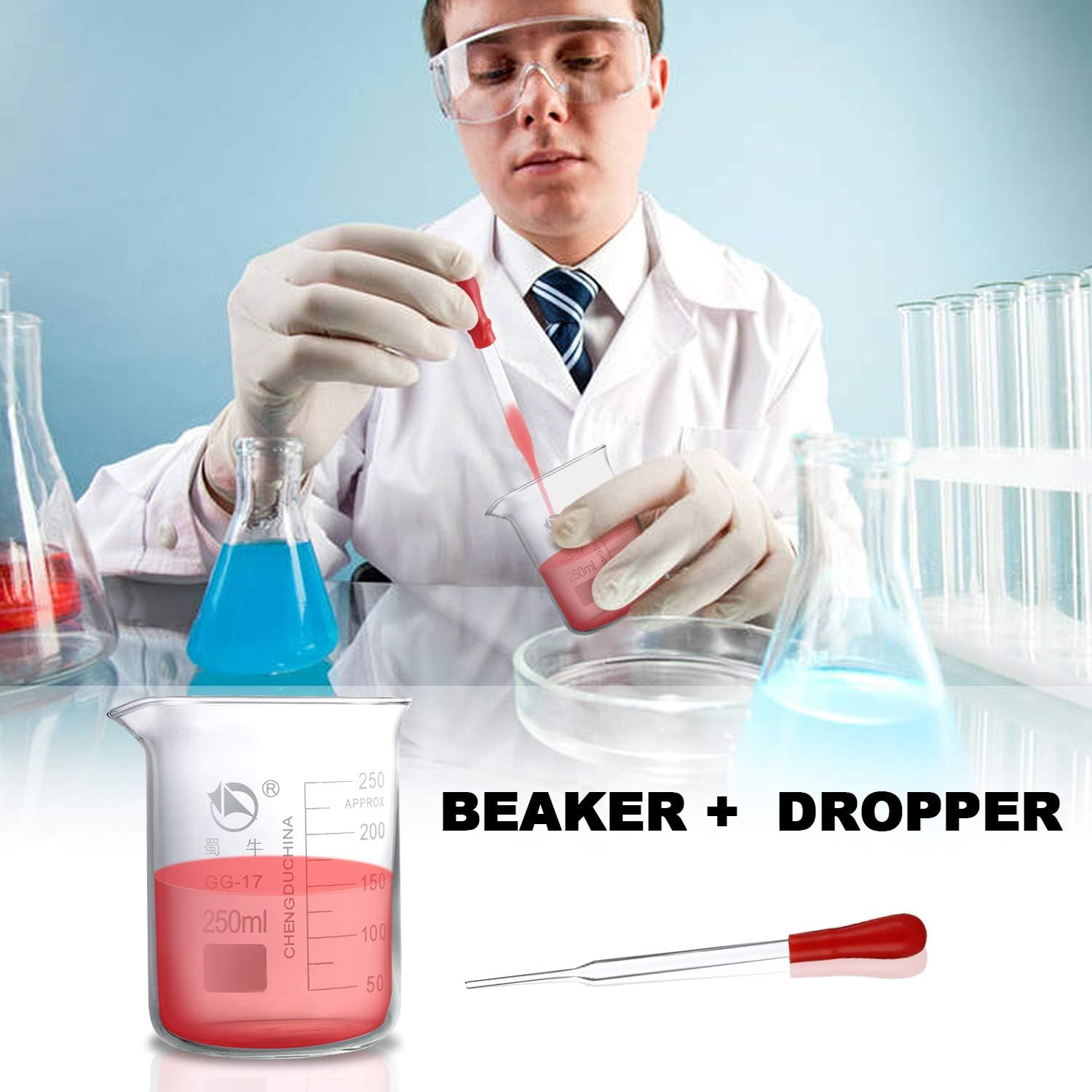 Young4Us Glass Beakers, Pack of 6 Low Form Glass Measuring & Glass Droppers Set, 3 Graduated Griffin Beakers in 3 Sizes with Scales, 250Ml, 100Ml, 50Ml, 3 Glass Droppers without Scales (3Ml per Drop) image number 3