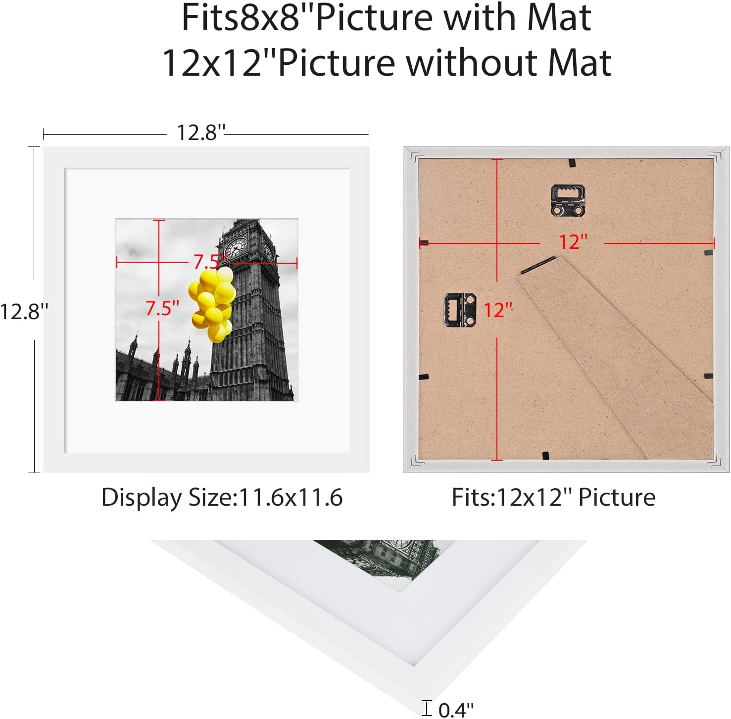 BSRHOME 12X12 Picture Frame Set of 9, Display Pictures 8X8 with Mat or 12X12 without Mat, Multi Collage Gallery Square Photo Frames for Wall or Tabletop, White image number 2