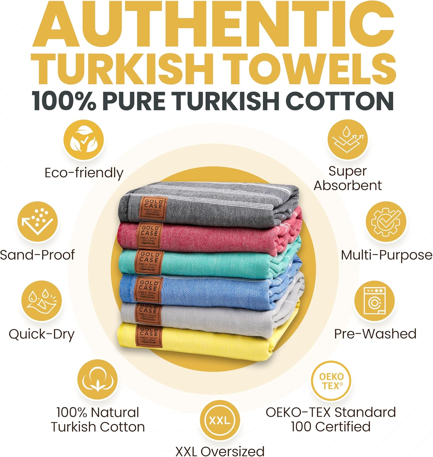 GOLD CASE Home Collection Lycia Turkish Beach Towel Set of 6-100% Cotton & Sand Free Towels for Vacation Essentials - XXL Pre Washed Quick Dry Travel Bath Towel - 70 X 38 Inches - Multi1 image number 6