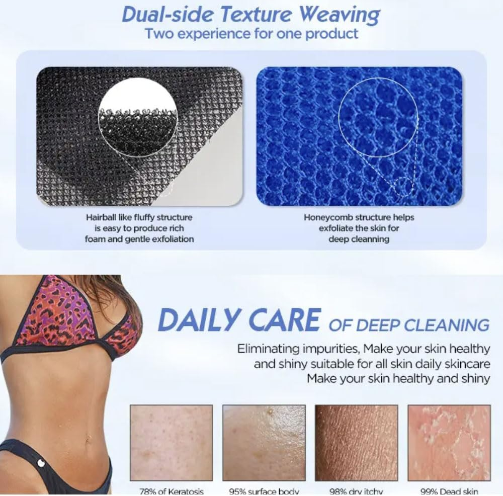 4-Piece African Net Sponge with Knots &ndash; Authentic Exfoliating Body Scrubber, Long Bath Sponge for Back, Skin Smoother, Shower & Bath Accessories (Pink, Black, Blue, Beige)