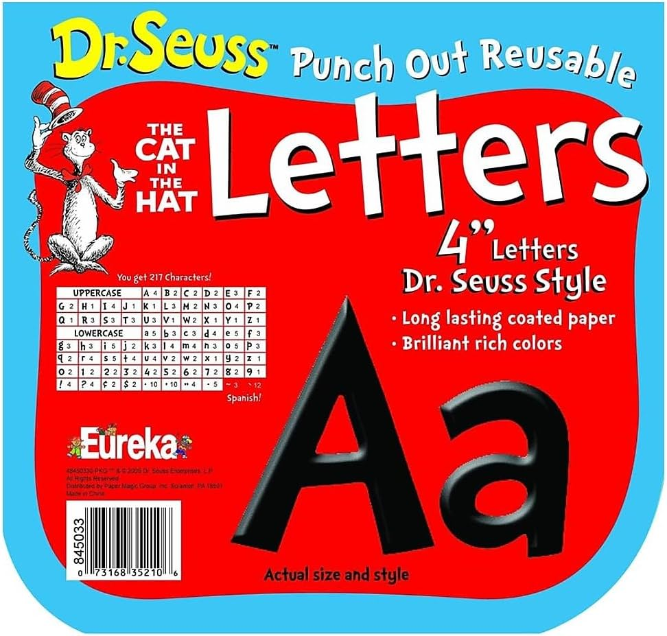 Eureka Back to School Dr. Seuss the Cat in the Hat Black Punch Out Deco Letters Classroom Decorations, 217Pc, 4'' H