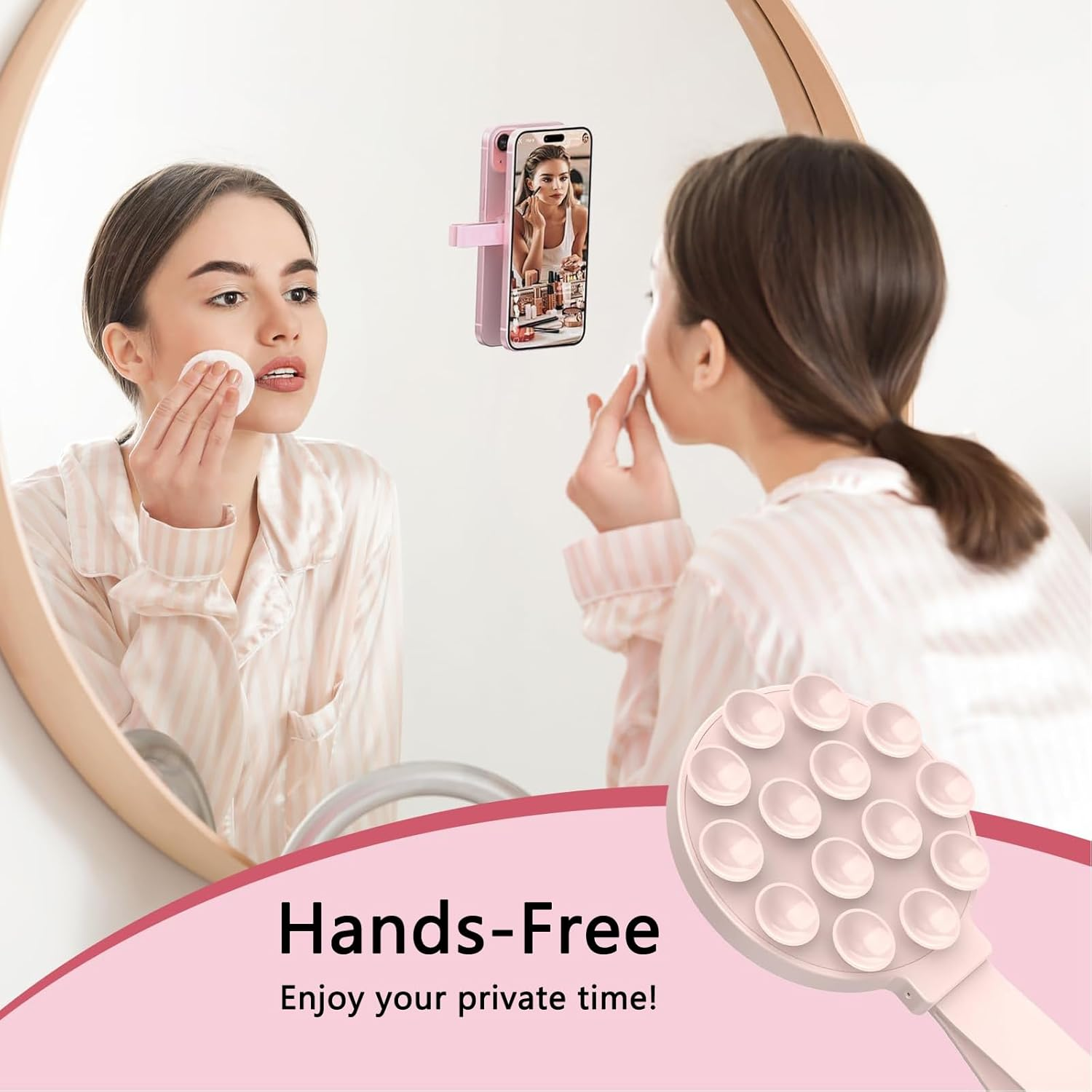 TONGLUO Silicone Suction Phone Sticky Grip with Magnetic Suction, Compatible with Magsafe Case for Hands-Free Selfies/Videos, Applicable to Mirror Shower Stand Holder for Iphone and for Android(Pink) - Blue image number 4