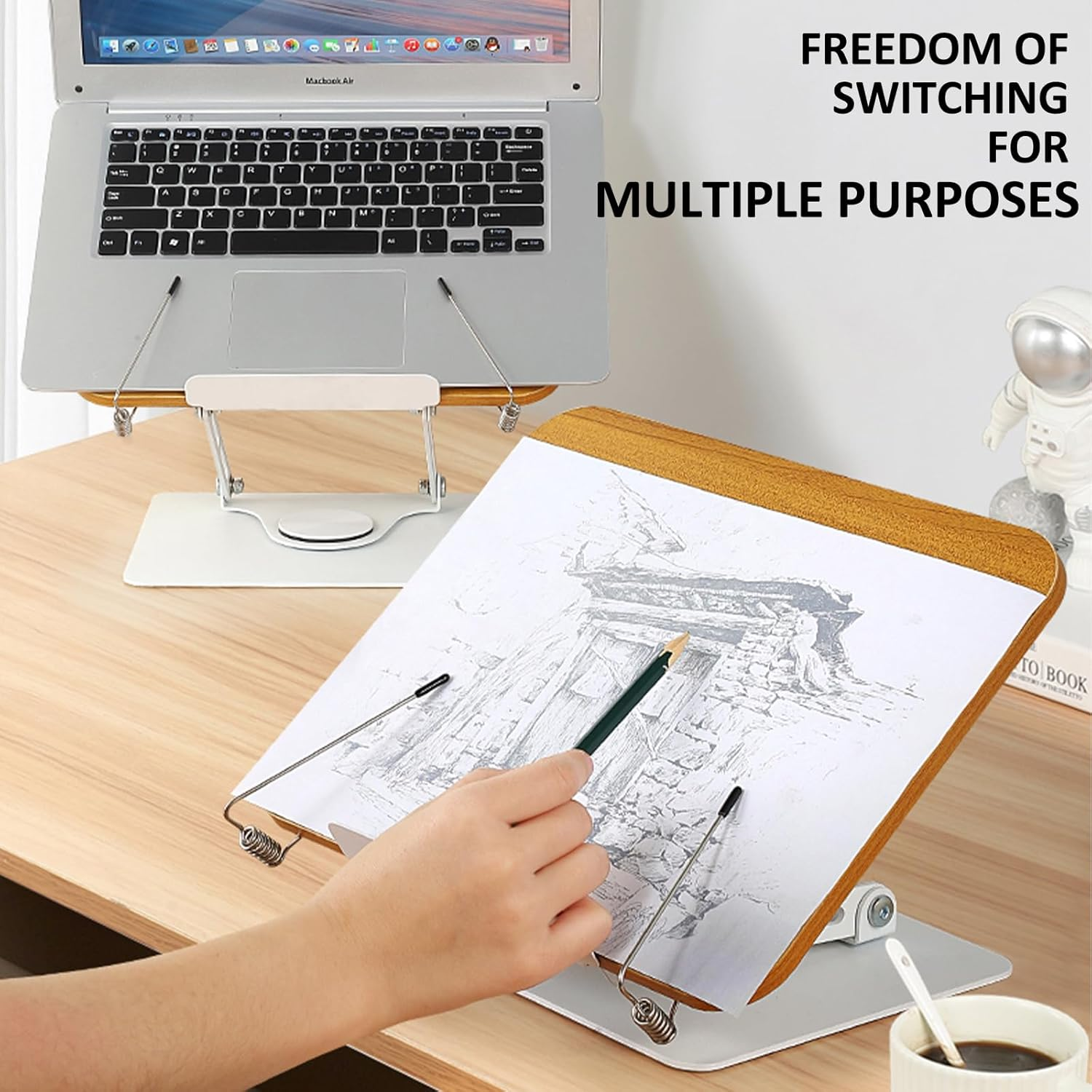 Book Stand for Reading, Adjustable Book Holder with 360&deg; Rotating Base, Foldable Cookbook Stand Recipe Book Holder with Elastic Page Clips for Music Scores, Recipe, Magazines, Tablet, Laptops (Silver) image number 5