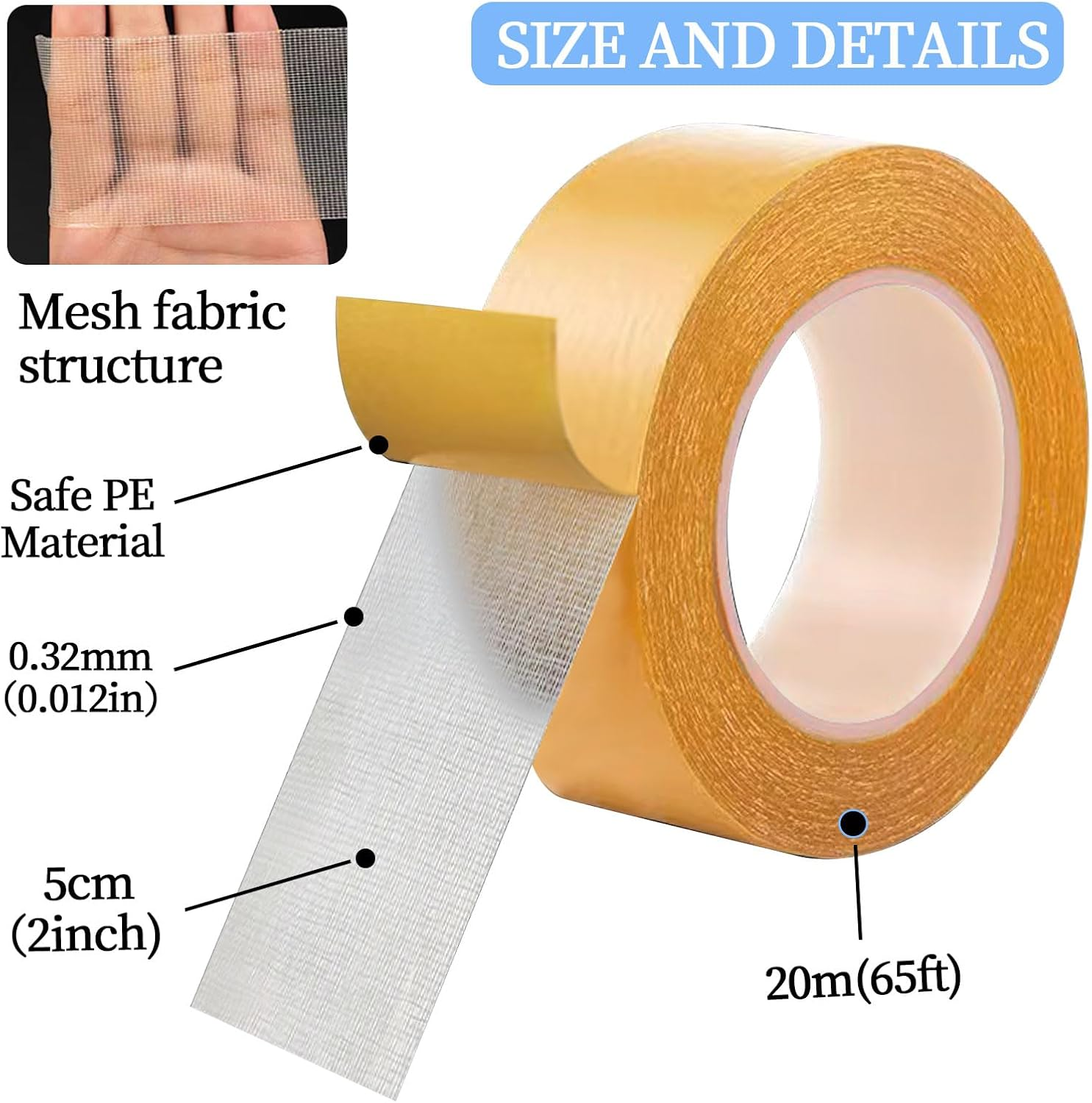 Double Sided Tape Heavy Duty 65Ft, High Tack Strong Wall Adhesive Tape with Fiberglass Mesh, Removable Sticky Double Sided Mounting Type for Rugs, Carpets, Pictures and Art Crafts (2Inch X 65Ft) image number 3