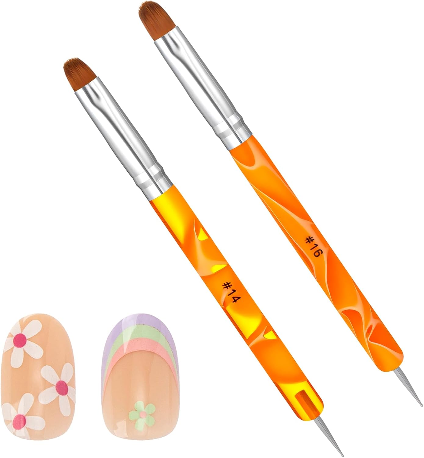 French Gel Acrylic Nail Art Brush with Dotting Tool, 2 Way French Gel Acrylic Nail Art Brush with Dotting Manicure Tool for Professional Manicure Nails Detailed Designs, Size #14 & #16