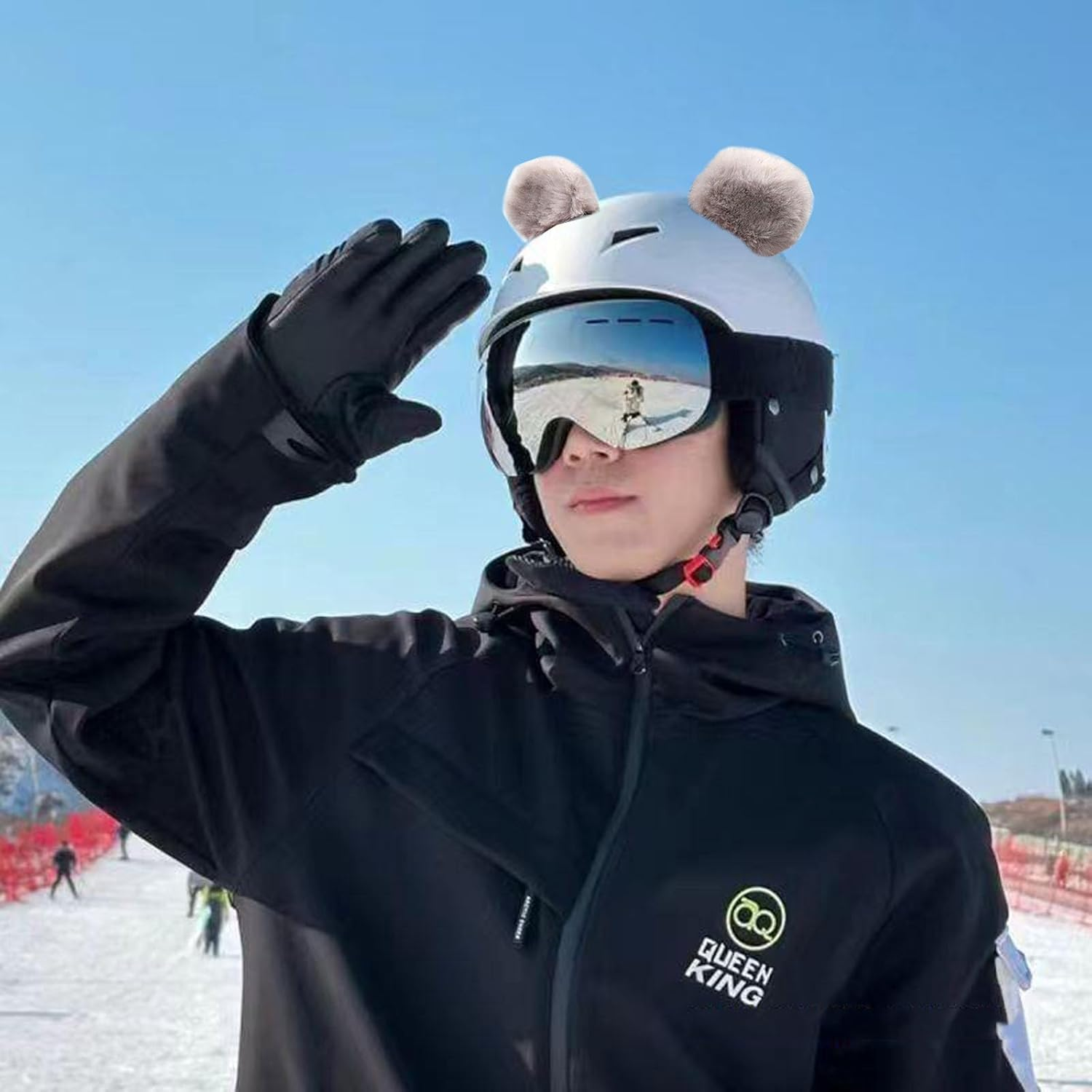 1 Pair Cute Bear Ear Motocycle Helmet Decor with Sticker Plush Fuzzy Ski Helmet Accessory Decoration image number 3