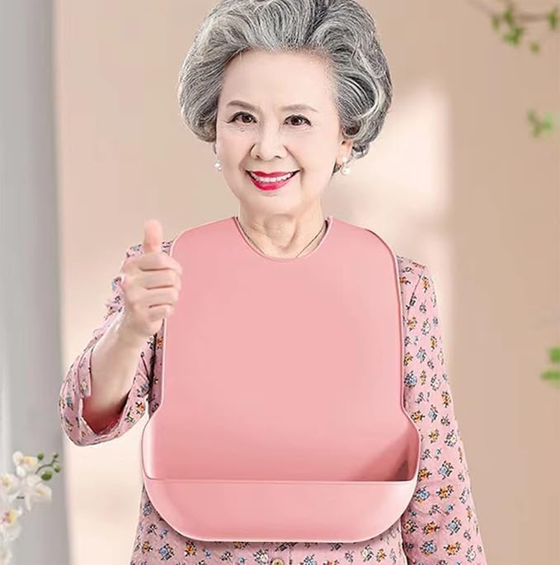 Waterproof Bibs for Adult with Crumb Catcher Silicone Adjustable Pink for Elderly Women Eating image number 4