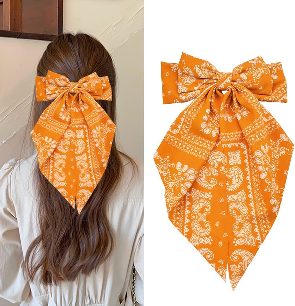 Bandana Hair Bow Large Bow Silky Satin Hair French Barrette Clip for Women Ribbon Hair Bows Paisley Hair Clips Hair Bow Accessories for Women Long Ribbon Bow Hair Clips French Barrette Hair Bows image number 6