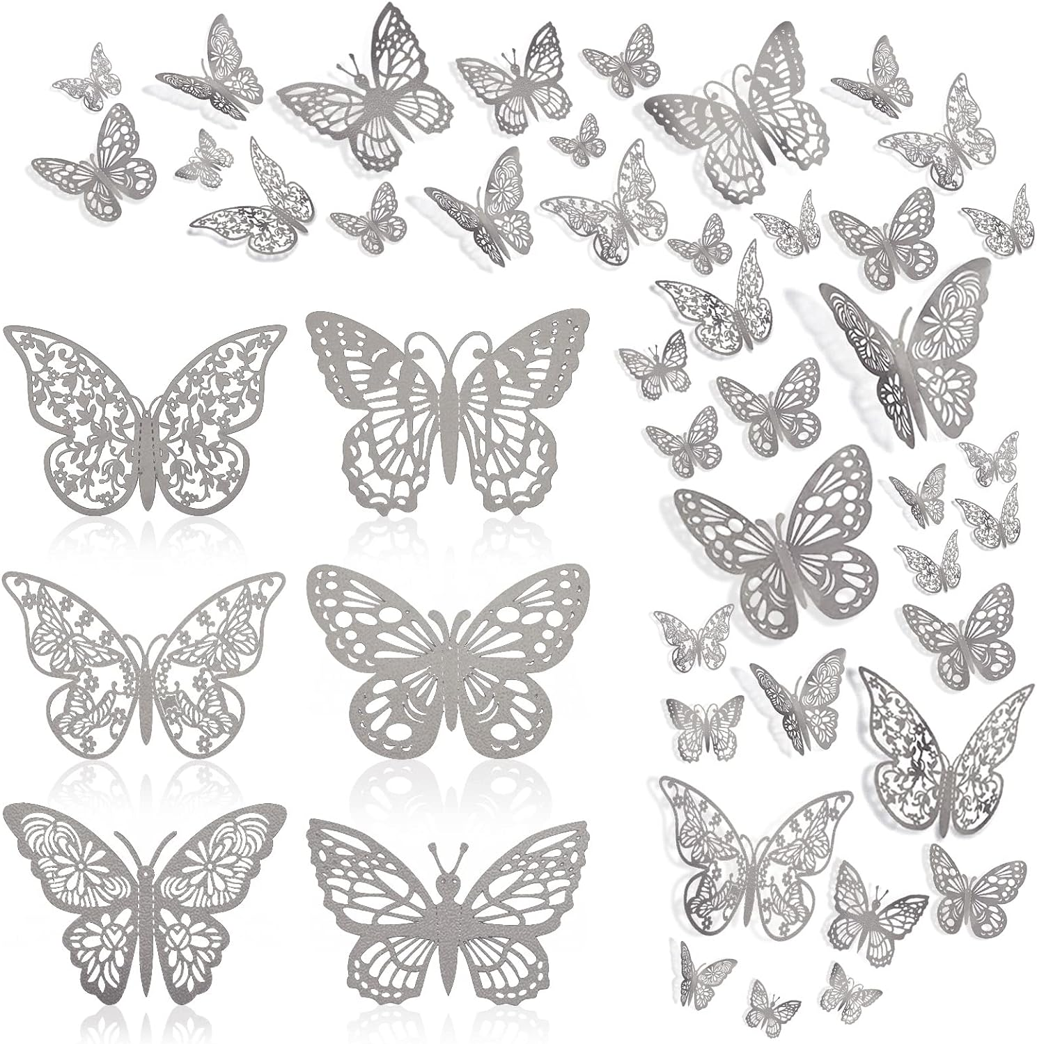 144 Pcs 3D Butterfly Wall Stickers Decor 6 Styles 3 Sizes, Silver Butterfly Cake Decorations Removable Butterfly Decals Room Wall Decor for Kids Nursery Classroom, Wedding, Party, Baby Shower