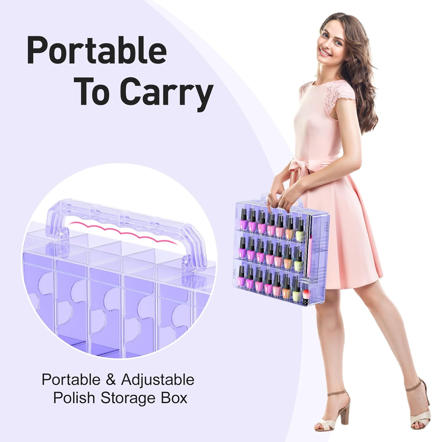 Beloving Nail Polish Organizer Case for 48 Bottles Nail Polish Holder with Adjustable Divider, Gel Nail Polish Storage Double Side Nail Polish Organizer Case for Storage Display, Purple image number 2
