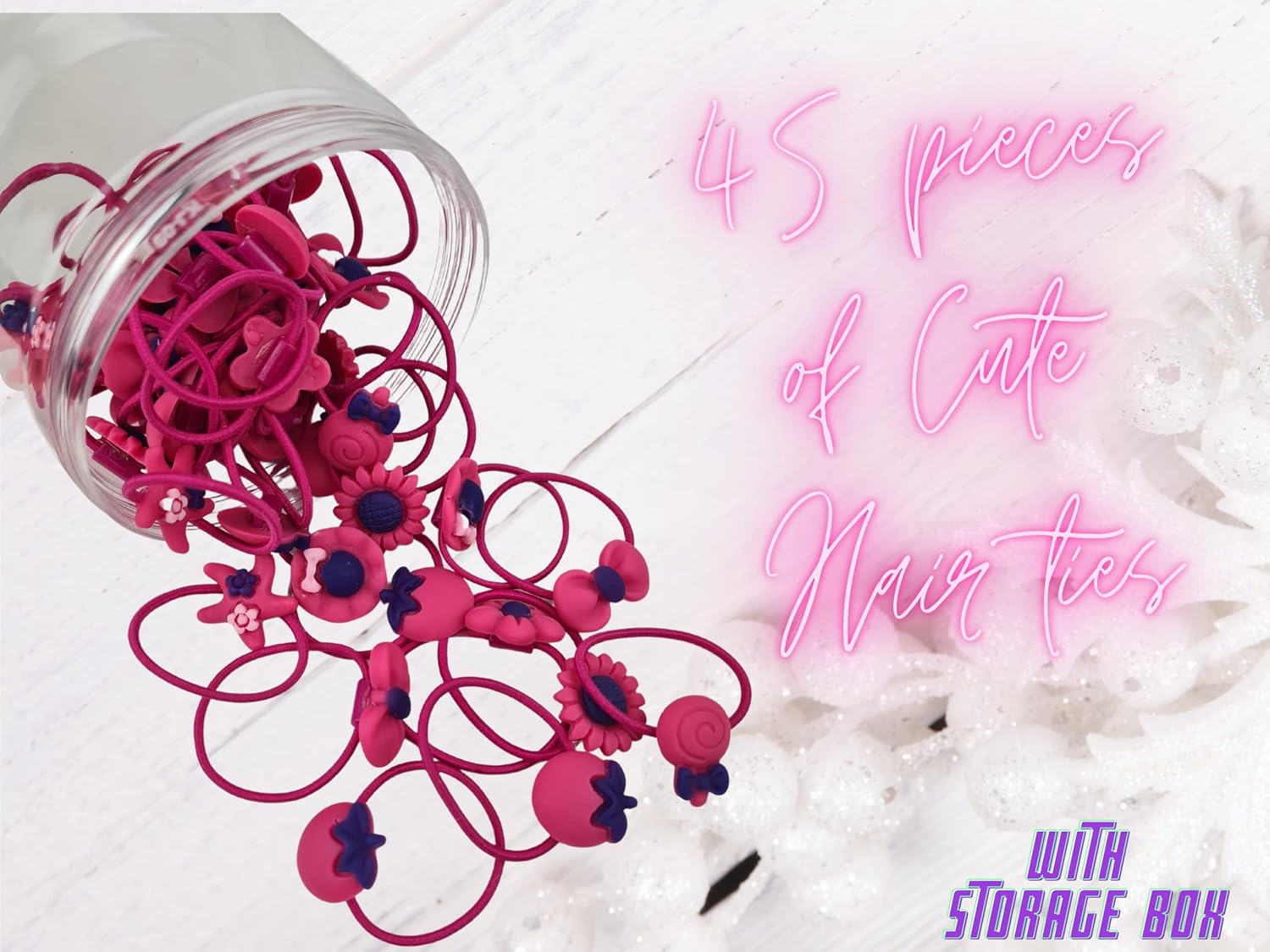 Hair Bobbles for Girls, Rubber Bands for Newborns, Kids Hair Ties, Thin Ropes, Ponytail Holder for Toddlers, Elastic Hair Bands with Cute Cartoons (45 Pieces Dark Pink Beach) image number 3