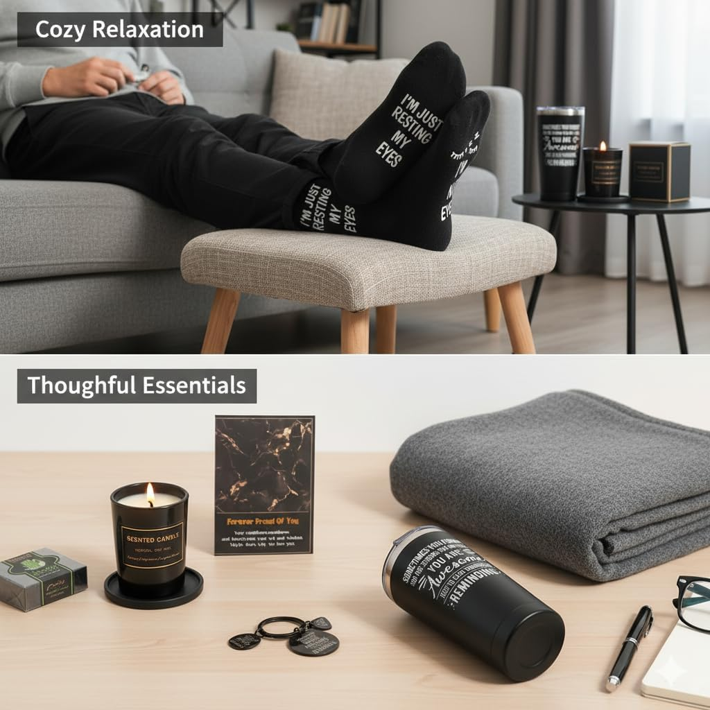 Father'S Day Gift for Dad - Men'S Gift Set with 12Oz Insulated Tumbler, Candle, Socks, Eye Mask & Self Care - Birthday & Anniversary Gifts for Him - Gift Basket Box - for Dads Who Want Nothing image number 6