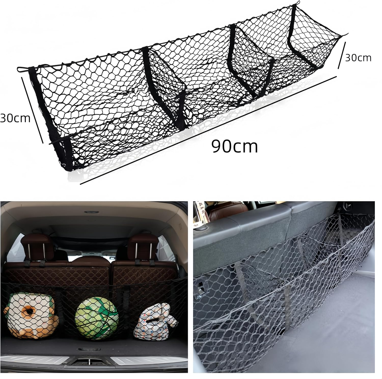 Ai-Oumleef Automotive Cargo Net,Detachable Cargo Net Trunk Bed Organizer, Cargo Net Trunk Bed Organizer with 4 Carabiners Accessories,Mesh Storage Net Heavy Duty Cargo Net with 3 Pocket(90*30*30Cm) image number 1