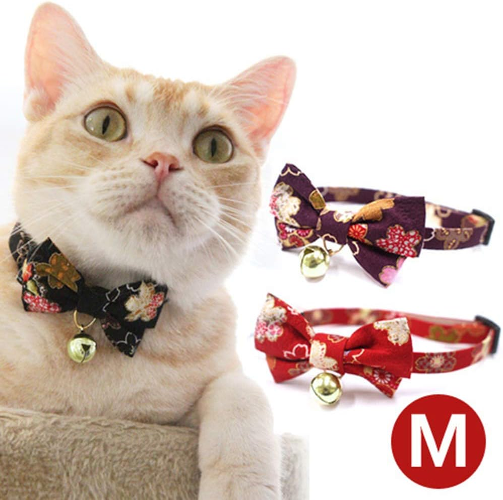 Petsokoo Double Bowtie Breakaway Cat Collar with Bell. Japan Colorful Sakura Kimono Style. 104% Cotton. Soft, Cute for Girl Male Adult Cats Collar,Purple image number 5