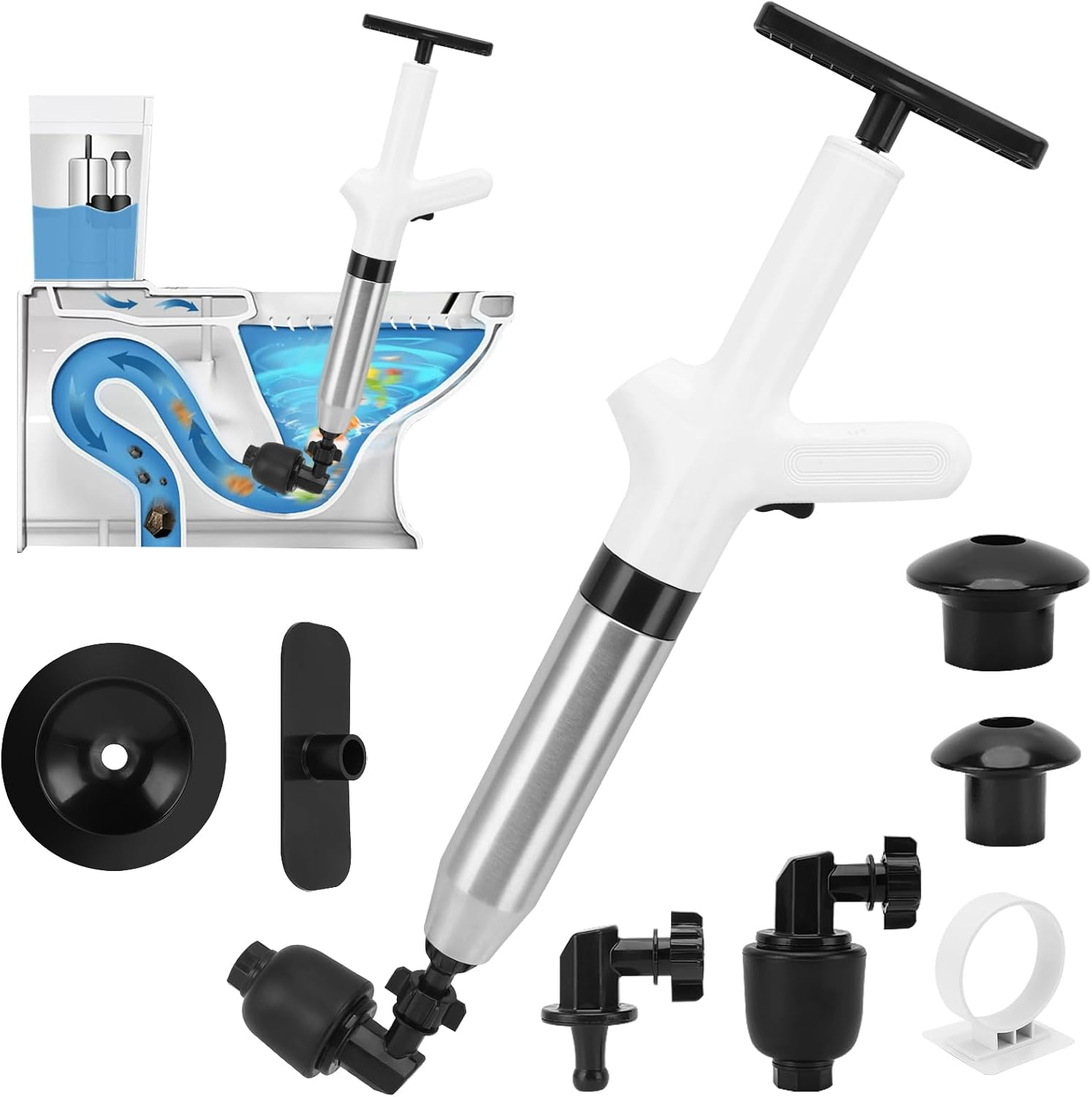 MEKOTRIN High Pressure Toilet Plunger Drain Clog Remover Sink Plunger Plumbing Tools for Bathroom Sink Floor Kitchen Clogged Stainless Steel (White) image number 1