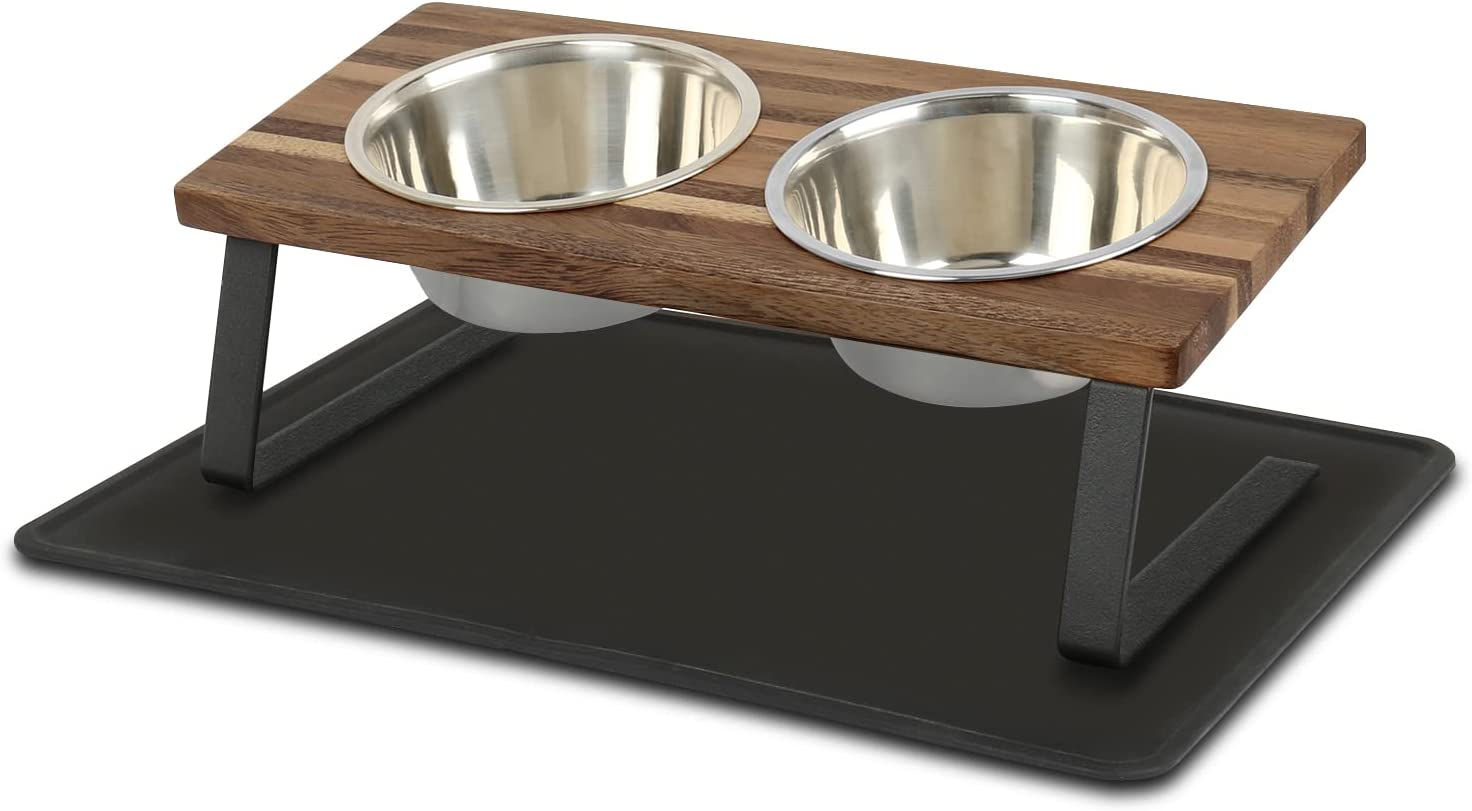 Aivituvin Elevated Dog Bowls, 15&deg;Tilted Raised Cat Food Bowl, Walnut Wood Water Stand Feeder Set for Cats and Puppy, Pet Bowls with anti Slip Mat(Small) image number 2
