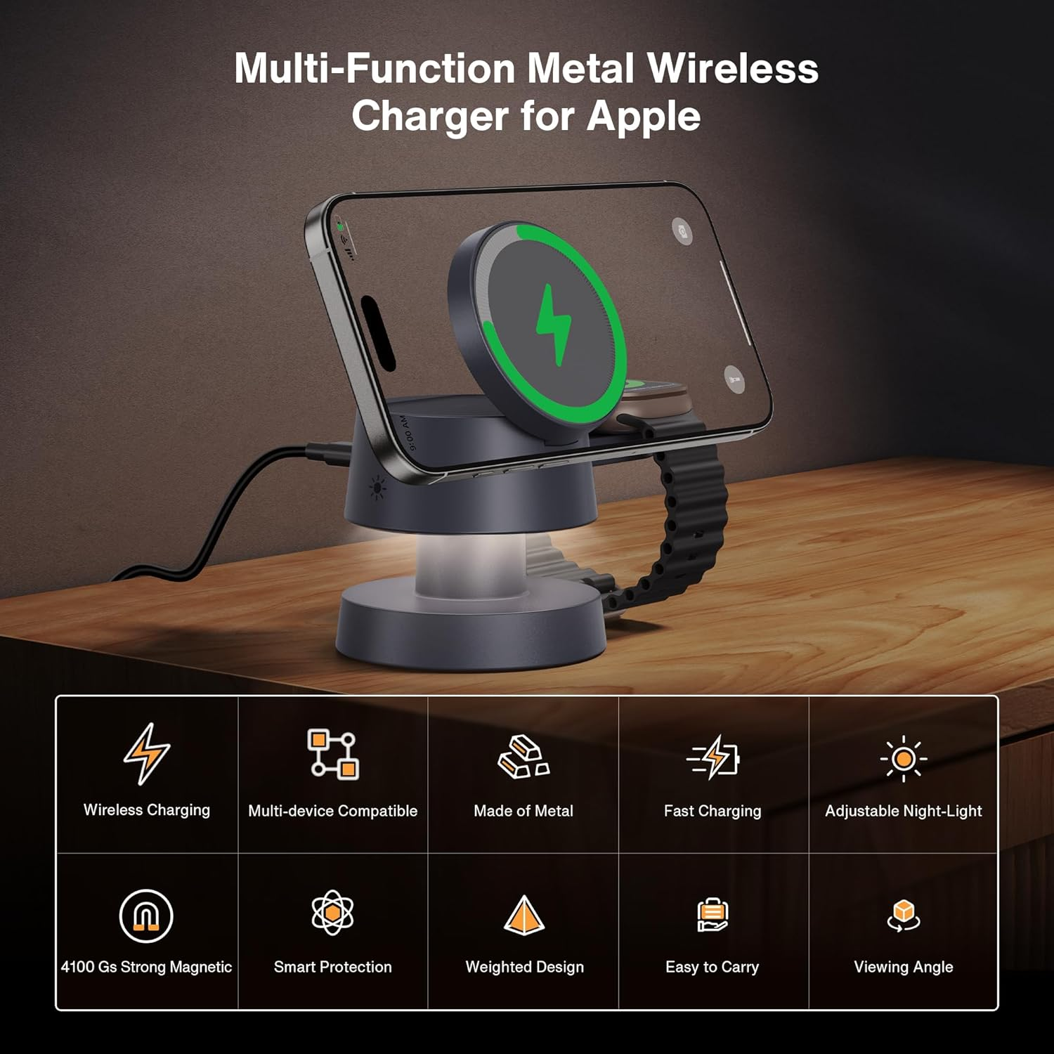 Ivanky for Iphone 16 Pro Max 4 in 1 Wireless Charging Station Cube with Night-Lamp for Magsafe Magnetic Charger, 22.5 W Travel Stand, 3 in 1 Fast Charge for Apple Iwatch Ultra, Airpods（Midnight Blue） image number 6