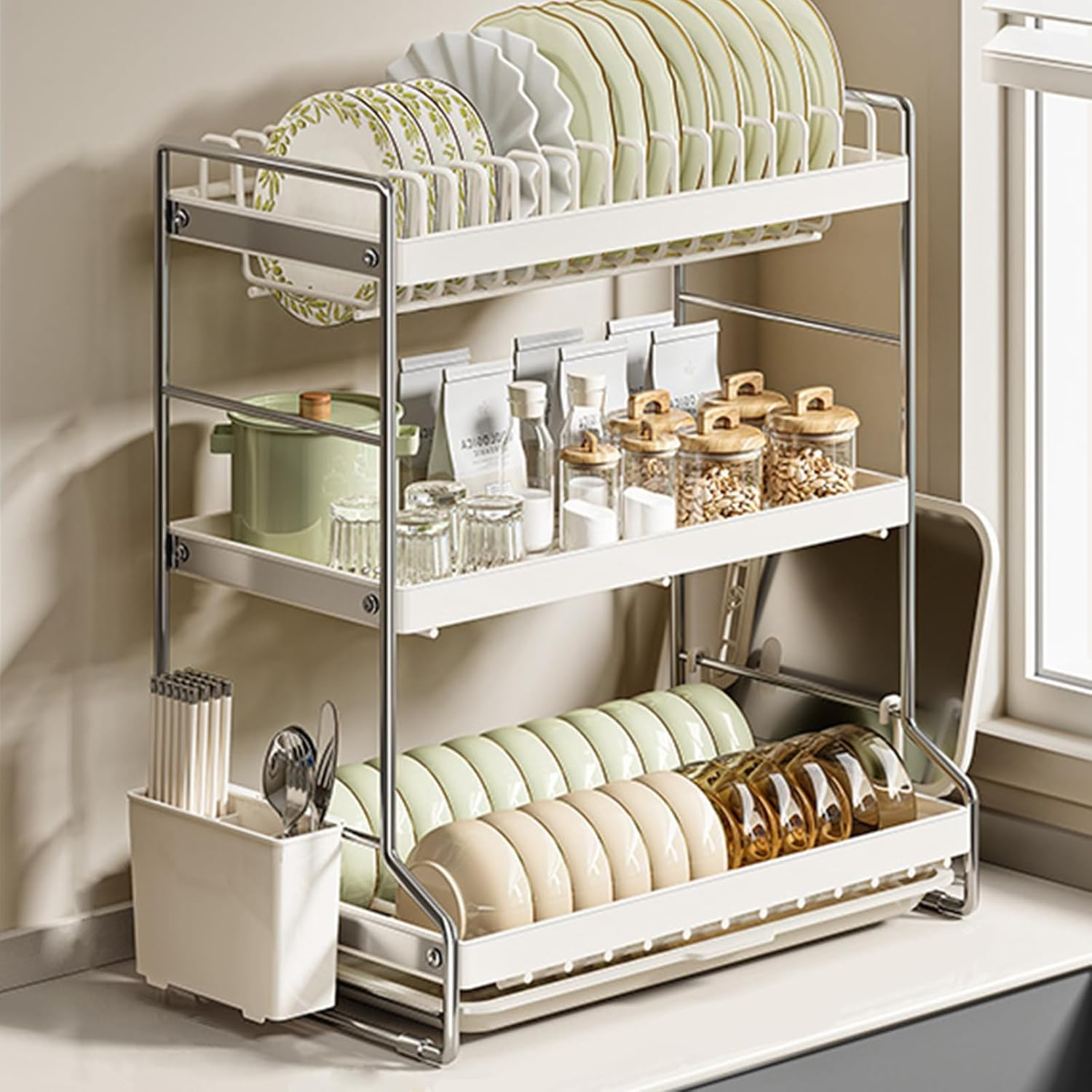 Hoisimdy Dish Drying Rack 3 Tier Kitchen Draining Rack Large Capacity with Cutlery Holder Drip Tray image number 4