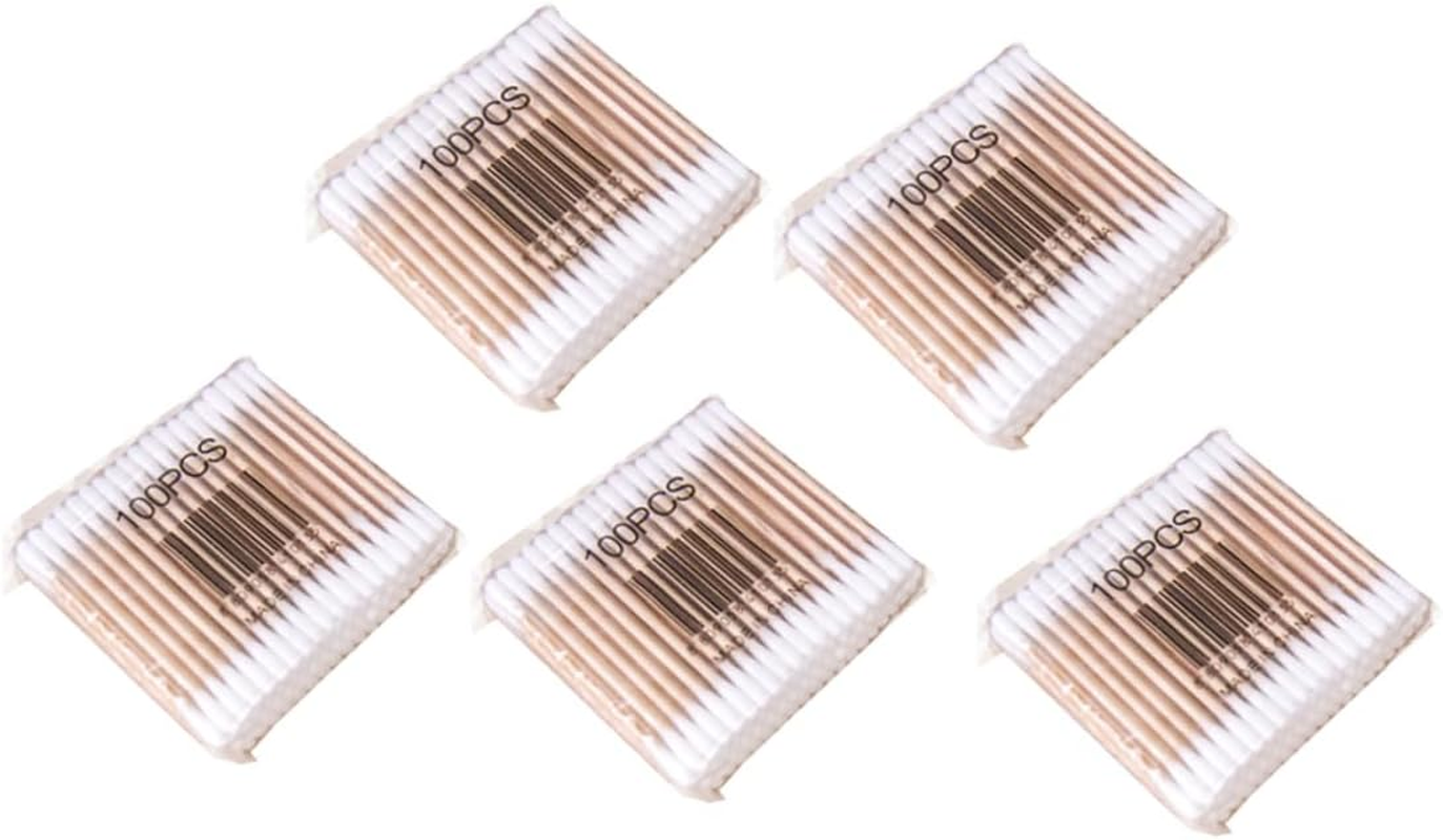 NOLITOY 500Pcs Wooden Stick Cotton Buds Double-Ended Makeup Removal Swabs for Ages 5 Packs (100Pcs Each)