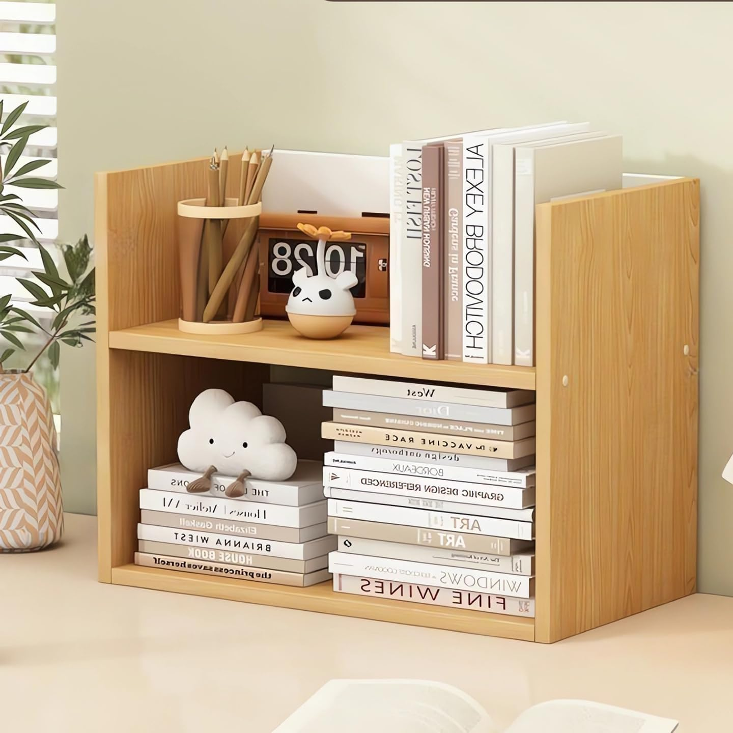 Hbluefat Desktop Organizer Shelf, Small Desk Bookshelf, Wooden Tabletop Mini Bookcase, Desktop Display Storage Rack for Home Office Kitchen (Teak) - Teak image number 3