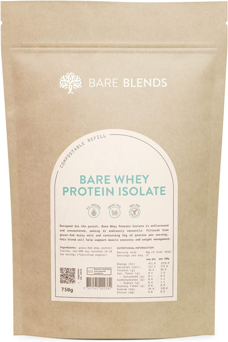 Bare Blends - 100% Bare Whey Protein Isolate Powder | NZ WPI | All Natural | Non-Gmo | Sugar Free (750G)