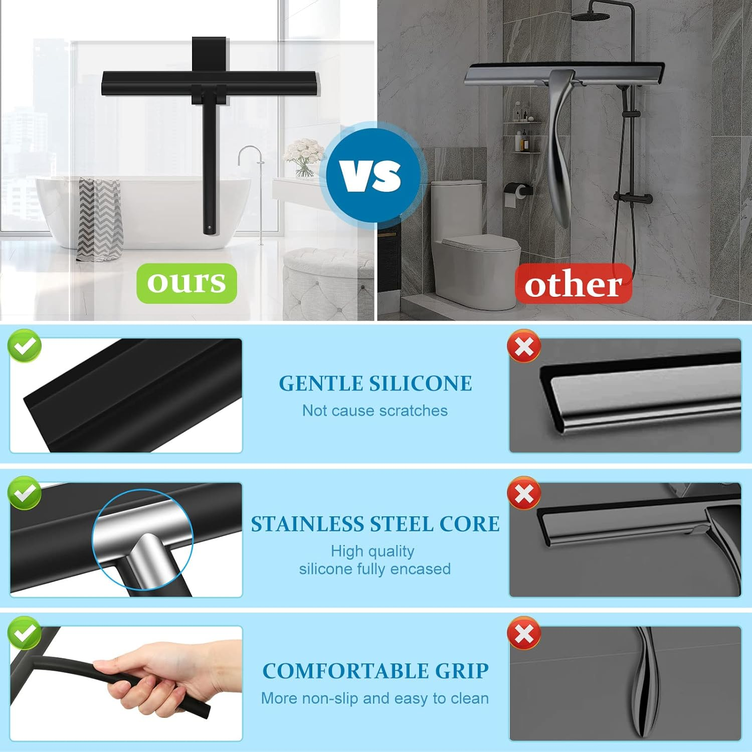 MOSUO Shower Squeegee, Shower Squeegee, Silicone with Holder without Drilling, Stainless Steel Core for Window Squeegee, Bathroom, Mirror, Glass Cleaning, Tiles, Car Windows - Black