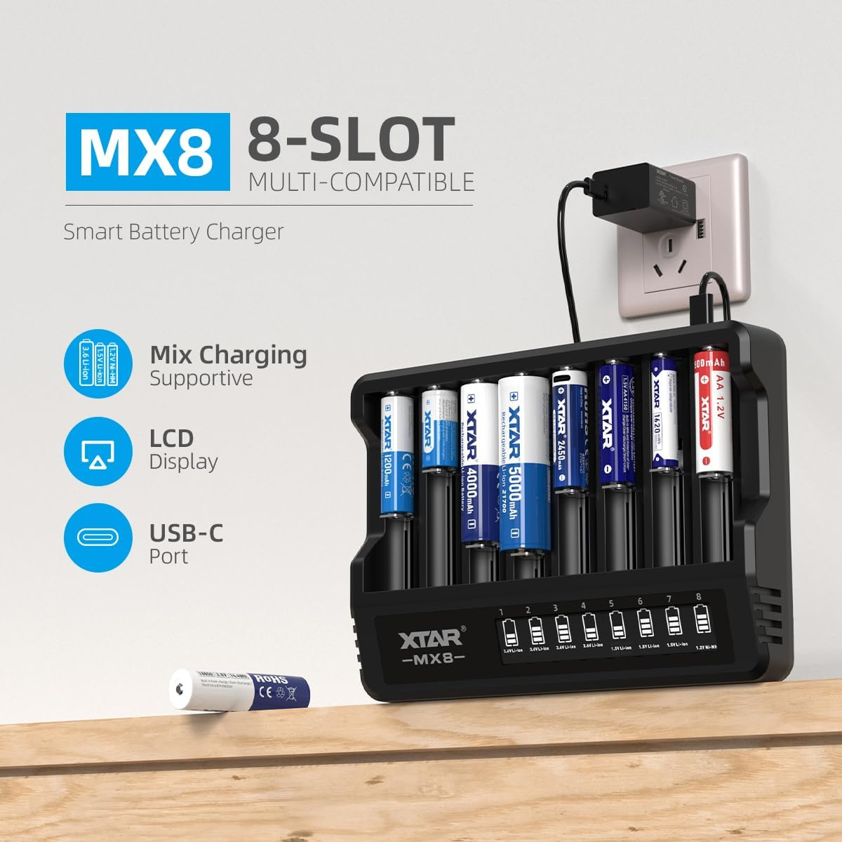 XTAR MX8 8 Bay Universal Battery Charger,Aaa/Aa Intelligent Charger with LCD Display for Rechargeable Batteries 3.7V Li-Ion 21700/18650/16340/14500 & 1.2V Nimh 1.5V Li-Ion AA AAA(MX8) image number 1