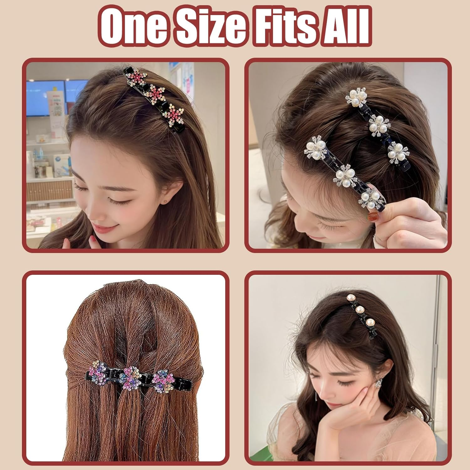 WATUNID 16 Pieces Glitter Crystal Stone Braided Hair Clips, Rhinestone Pearl Four Leaf Clover Rose Flower Double Layer Section Hair Clip with 3 Small Clips, Hair Accessories for Women image number 5