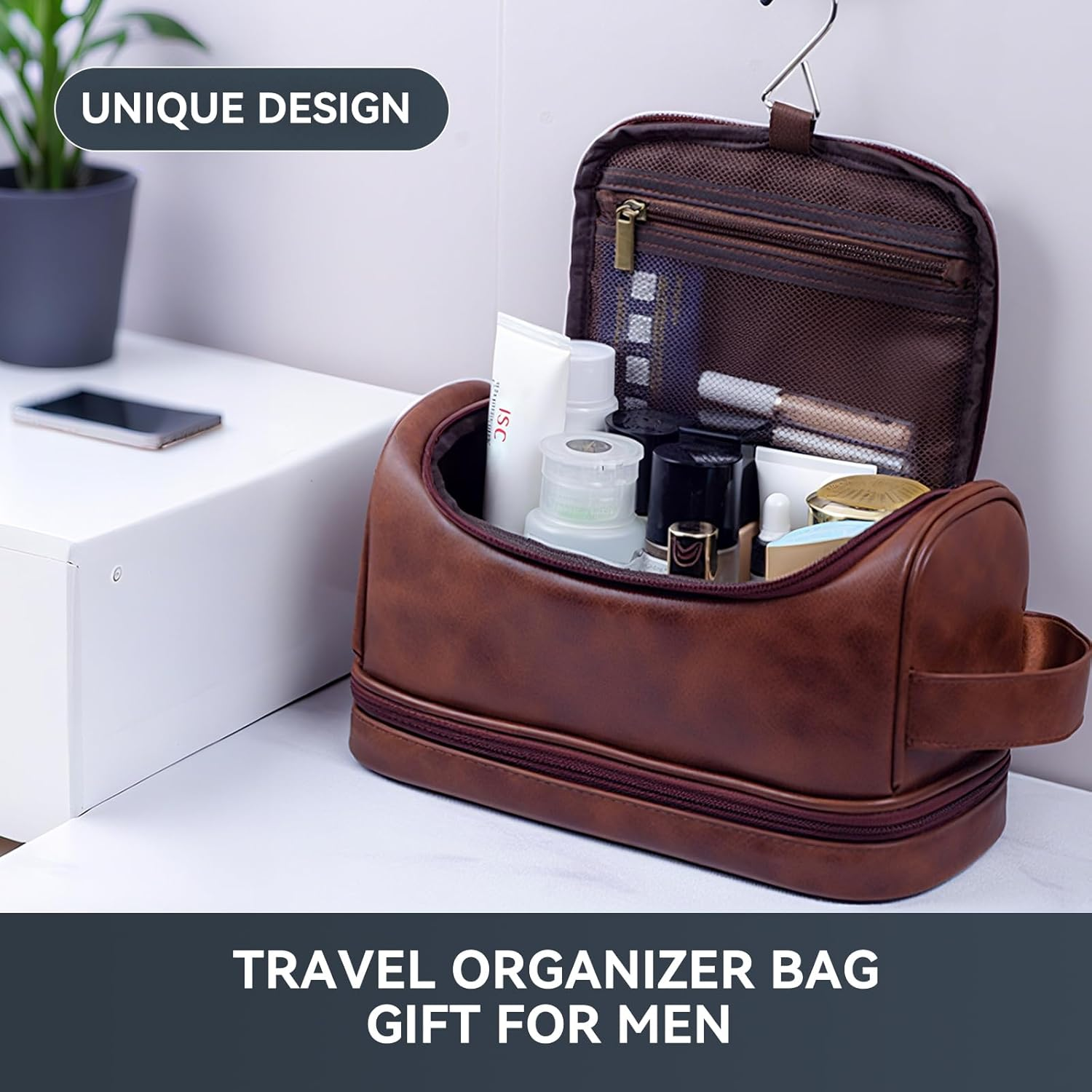 Toiletry Bag for Men, Large Leather Travel Pouch Bag with Hanging Hook,Travel Essentials Dopp Kit, Men'S Shaving Grooming Kit,Gifts for Father, Dad, Boyfriend, Grandpa, Shaving Kit image number 5