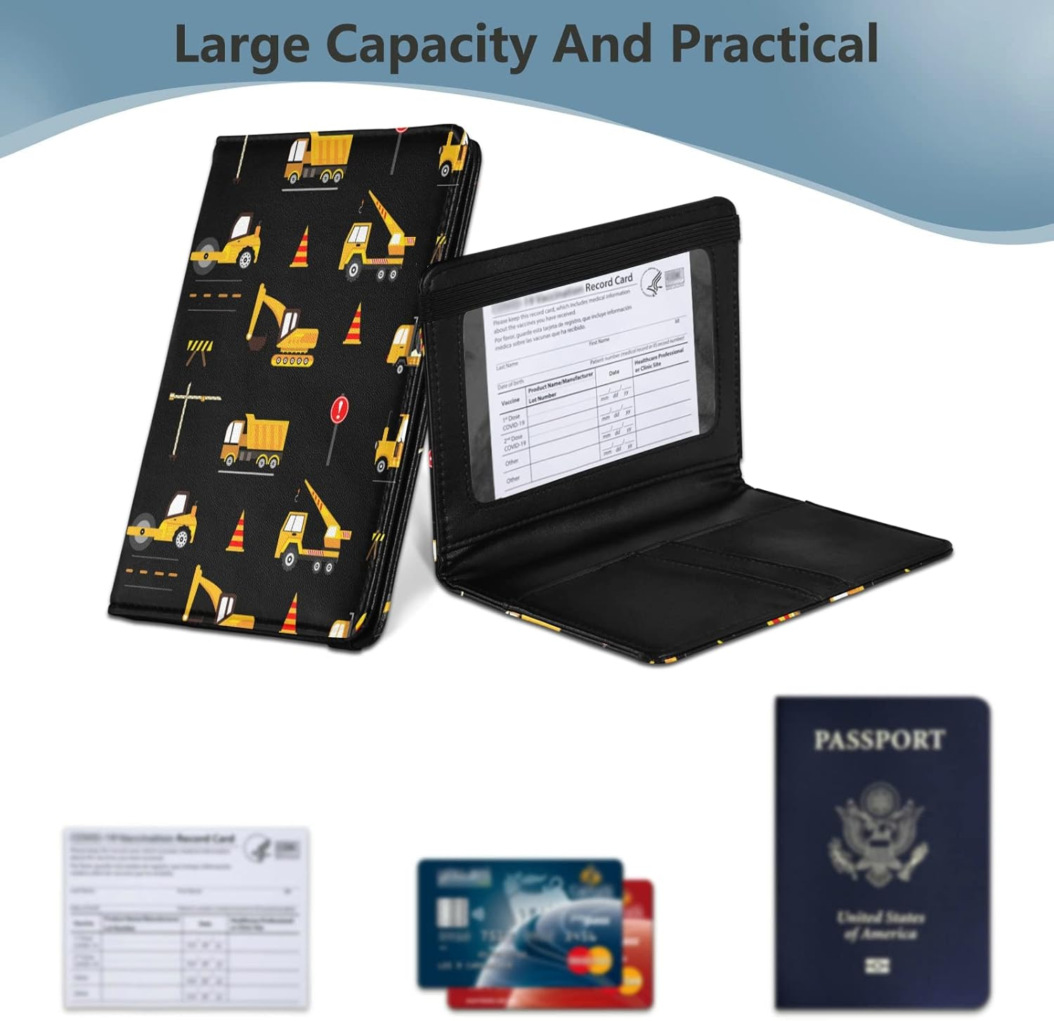 Cute Construction Machinery for Kids Passport Holder Cover Wallet Combo PU Leather Badge ID Vaccine Card Holder Wallet Card Protector for Women Men Cute Construction Machinery for Kids, Multi image number 2
