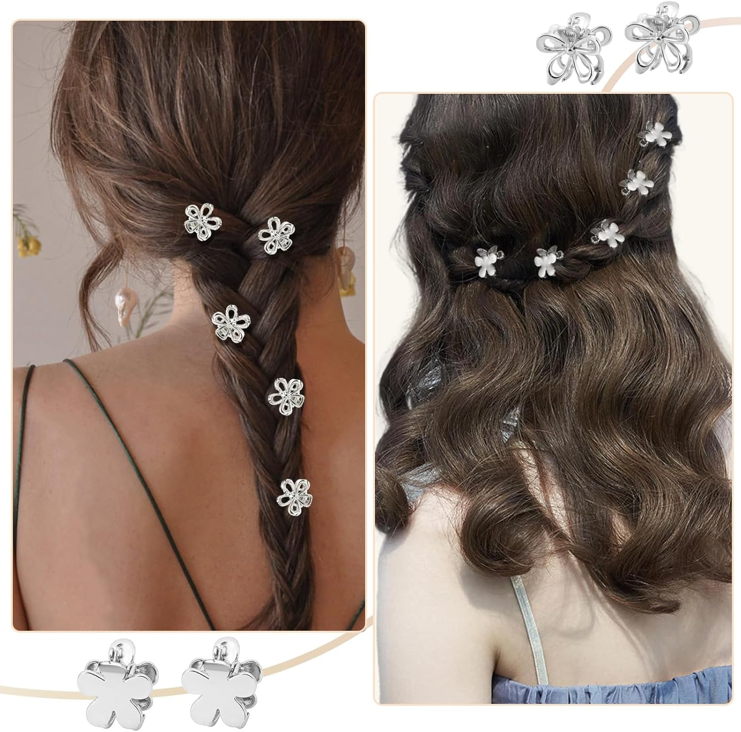 Mitdir Small Metal Hair Claw Clips, 12 Pieces Silver Mini Hair Clips, Non-Slip Pony Pins, Small Flowers Hair Pine Clips, Cute Tiny Hair Clips