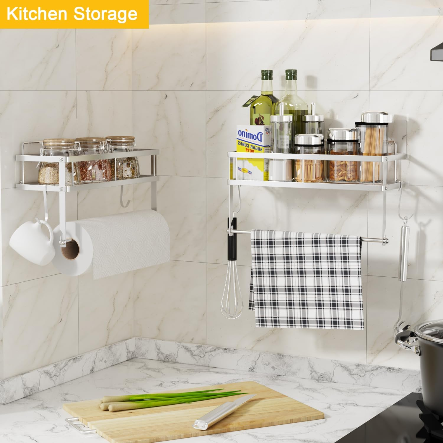 ESOW Paper Towel Holder with Shelf Storage, Adhesive Wall Mount 2-In-1 Basket Organizer for Kitchen & Bathroom, Durable Metal Wire Design, Stainless Steel 304 Brushed Nickel Finish - Brushed Nickel Finish image number 4