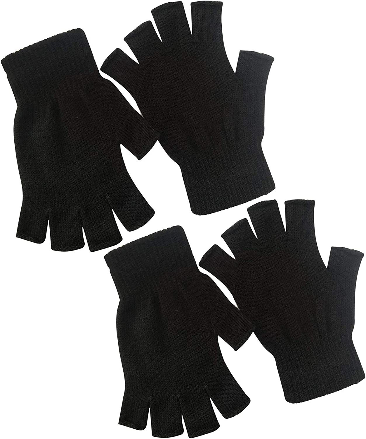 2 Pair Half Finger Gloves Winter Knit Touchscreen Warm Stretchy Mittens Fingerless Gloves in Common Size for Men and Women,Black, Black