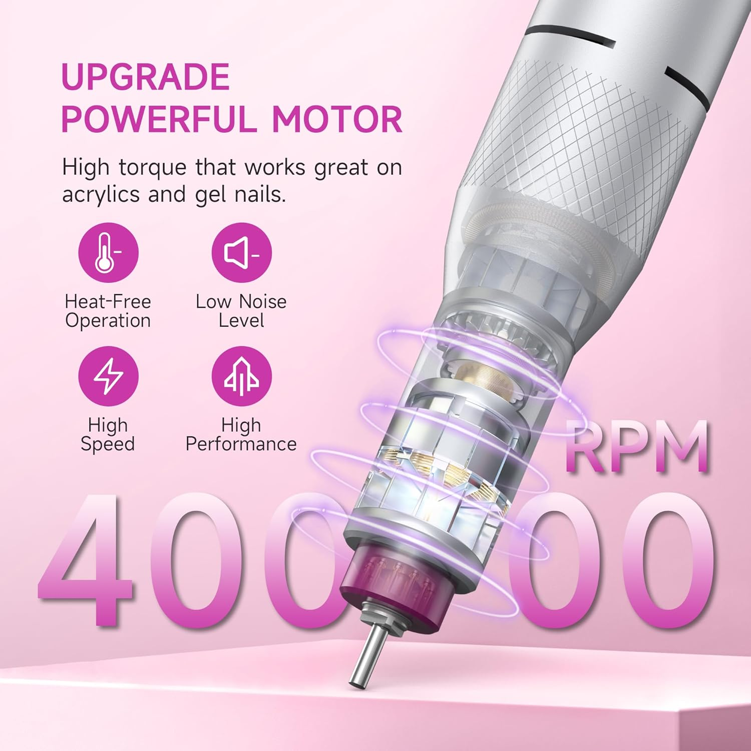 HALMAI Electric Nail Drill Professional, Portable Nail File for Acrylic Gel Nails, Cordless Rechargeable Ultra Power Nail Drill Kit 40000RPM, HMC320 Salon-Grade Efile Nail Machine(White) image number 3