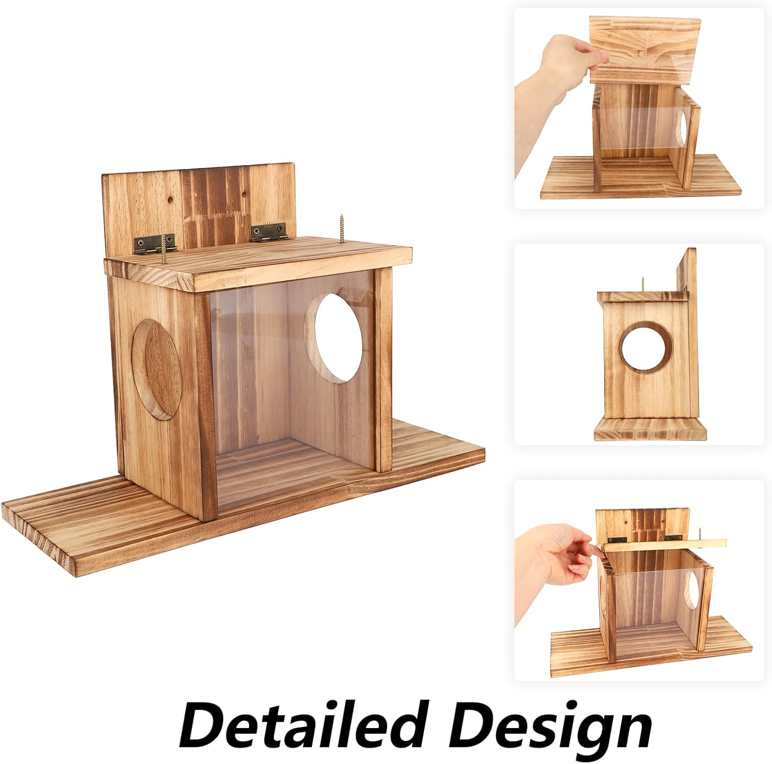 Lasuroa Wooden Squirrel Feeder, Wooden Squirrel Chipmunk Feeder for outside with 2 Feeding Windows for Holding Corn Peanuts Pine Nuts Corn Cobs Durable Box with Transparent Removable Front Panel image number 6