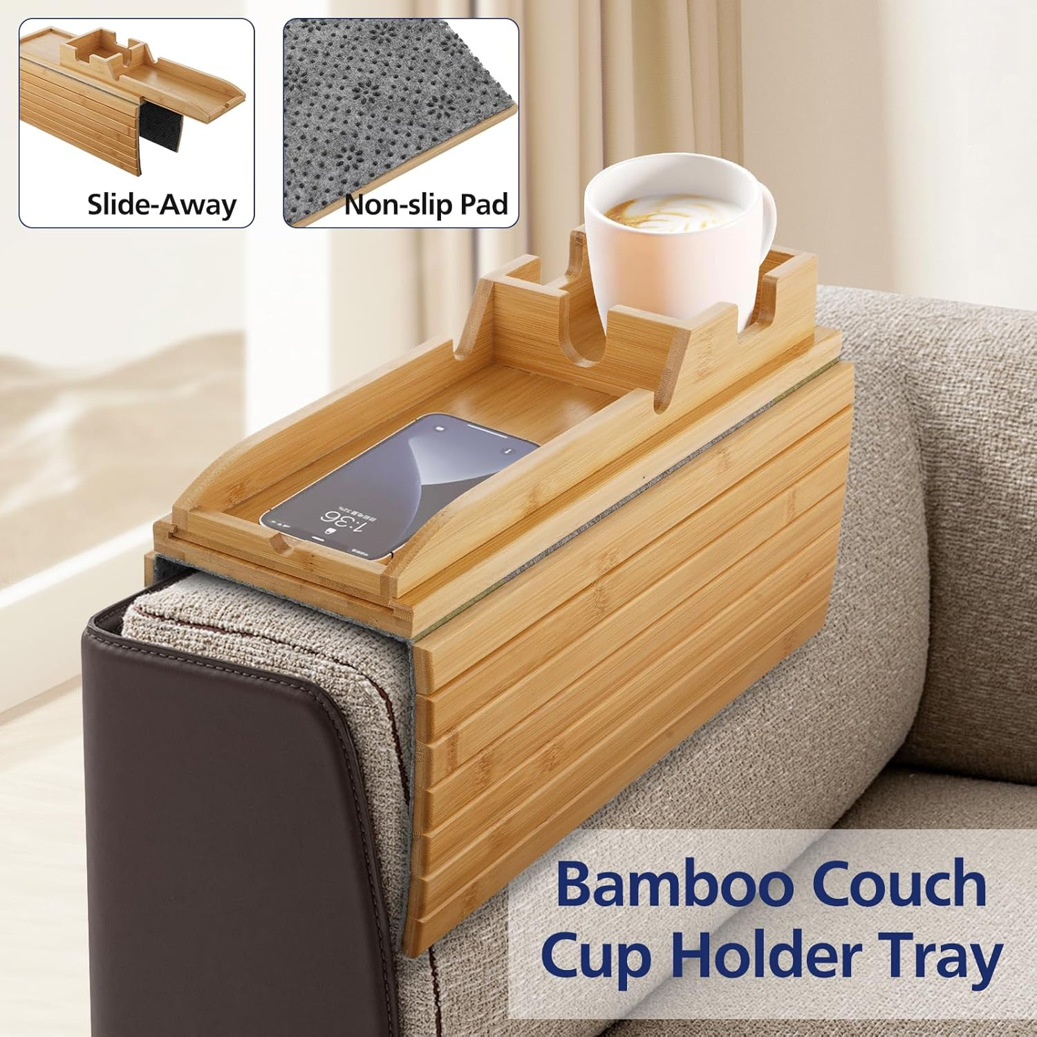 ACA Trading Couch Cup Holder Tray, Modern Sofa Armrest Tray Table with Non-Slip Pad, Wooden Bamboo Arm Table for Drinks and Food with Side-Away Tray(Natural) image number 5