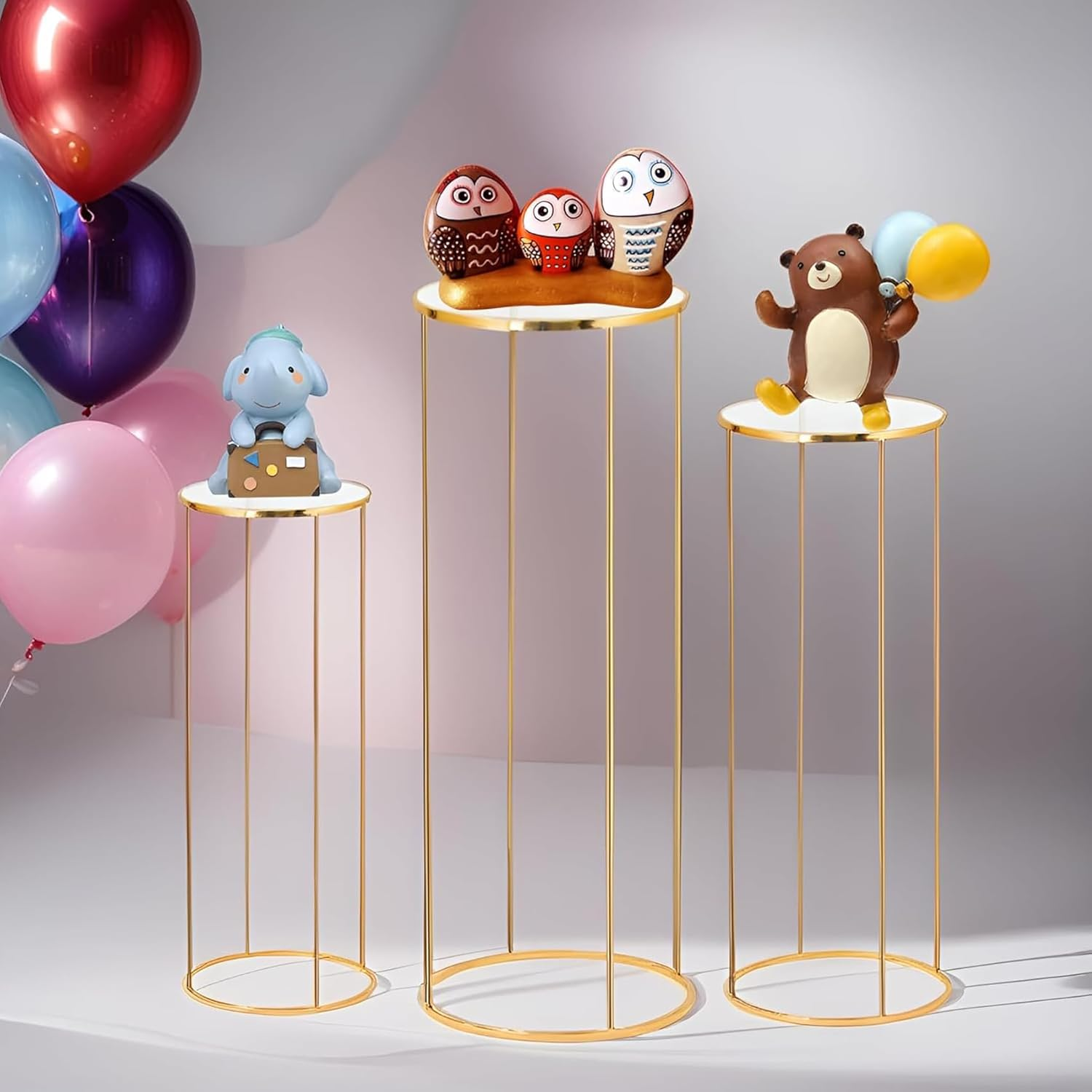 Cylinder Pedestal Stands for Parties, Metal Cake Table round Stand, Display Cylinder Tables for Birthday Party Wedding Living Room Patio, 3PCS Gold