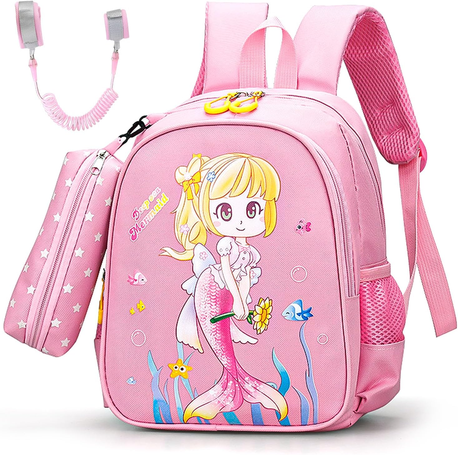 WOTOW Backpack for Kindergarten Kids, Girls Bag Large Capacity, Pencil Box, anti Lost Wrist Link for Toddler, Mermaid Preschool Girl Bag image number 1