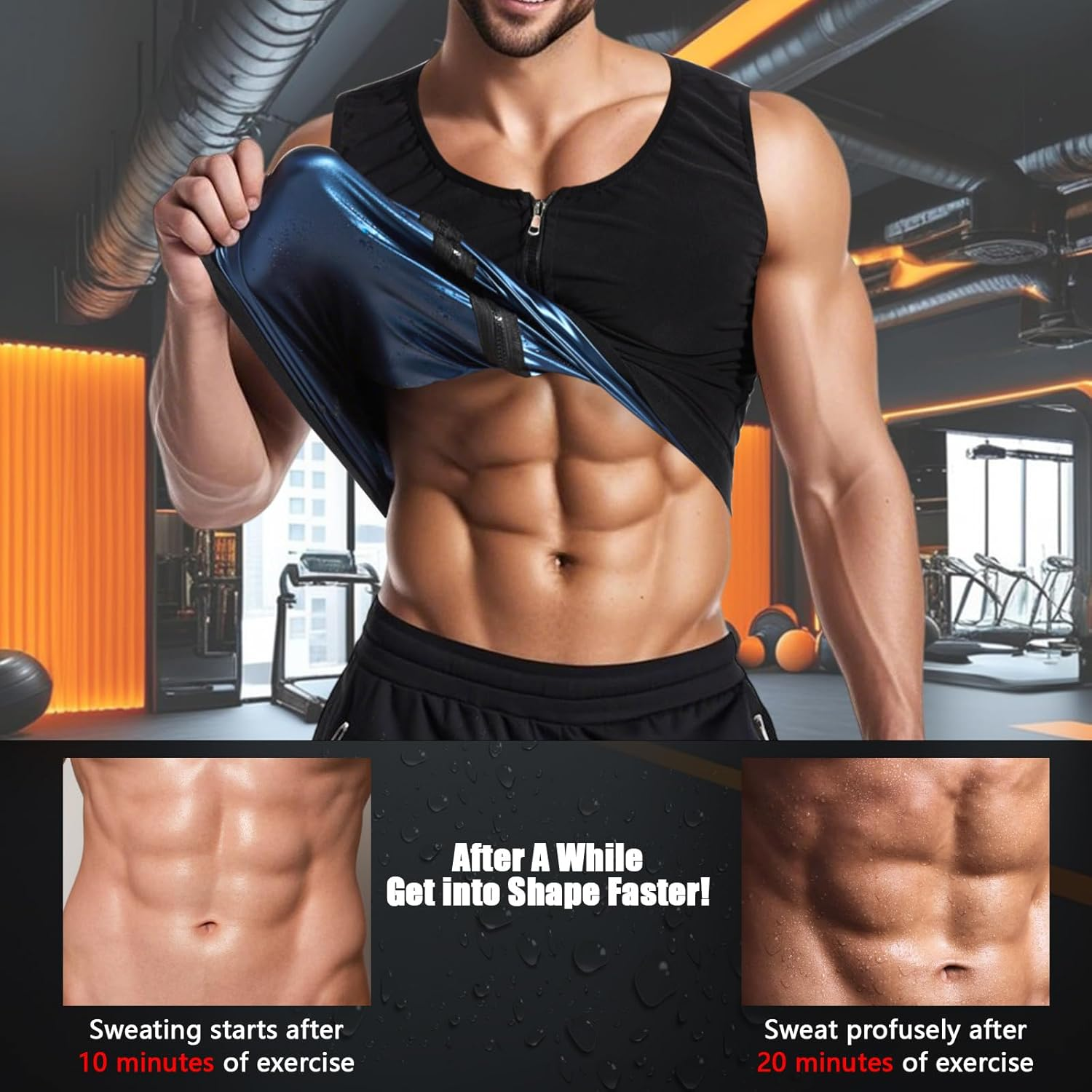 Men'S Sauna Vest with Zipper, PU Milk Silk Sweat Suit, Triples Sweating Boost Calorie Burn Sweat Suits for Weight Loss, Ideal for Fitness - Oriented Men (2XL/3XL)