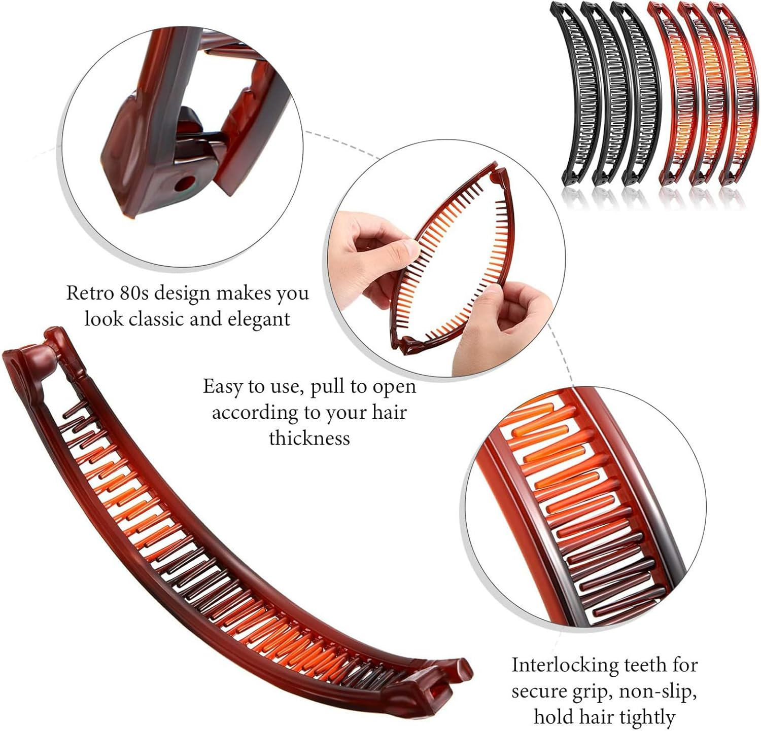 RTRTGS 4 Pieces Banana Hair Clips Classic Clincher Combs Large Double Comb Banana Clip Banana Fishtail Hair Clip for Women Girls, 2 Styles (Tortoiseshell Colour, Black)