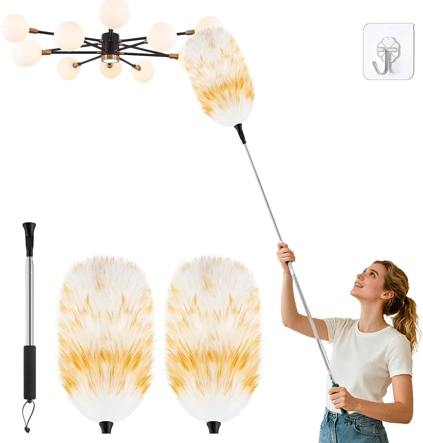 Nicemiya Lambswool Telescopic Duster - Extendable up to 190 Cm for High Surfaces and Sensitive Devices, Washable and Scratch-Proof (1 Lambswool Duster + 1 Replacement Head) image number 2