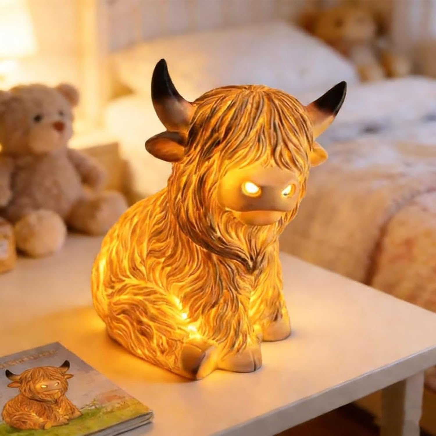 The Cozy Highland Glow: Highland Cattle Lamp, Cow Accent Light, Decorative Table Lamps Night Lights, Rustic Farmhouse Home Animal Decor Lighting for Bedroom Nursery Living Room, Shelf & Gift (8In)