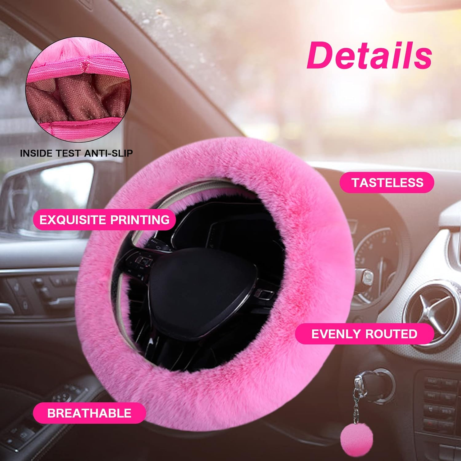 Wazzh 7PCS Set Car Interior Aesthetic Accessories, Fluffy 15 Inch Steering Wheel Cover, Armrest Pad, Seat Belt Cover,Gear Shift Cover, Fit Girly Car Accessories for Women. - Black image number 2